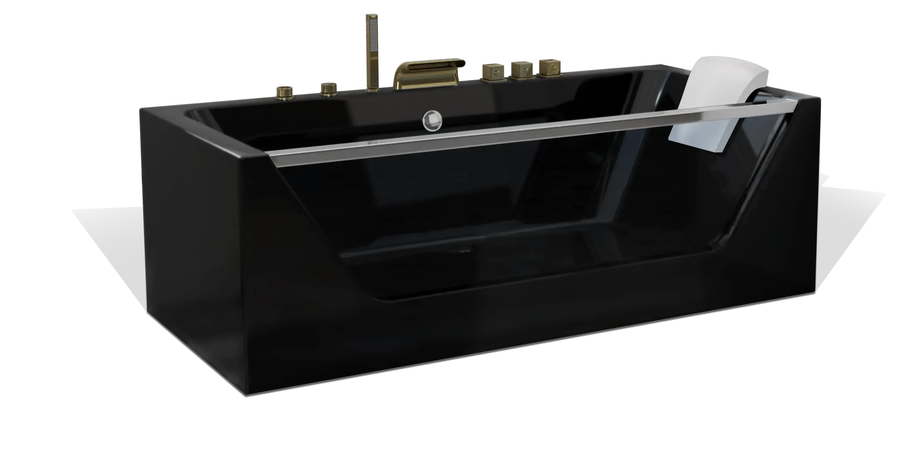 A sleek, modern black Empava bathtub with clean lines and a metallic trim around the top edge. The bathtub features a white headrest on one side and gold-colored fixtures, including a faucet and controls, on the opposite side.