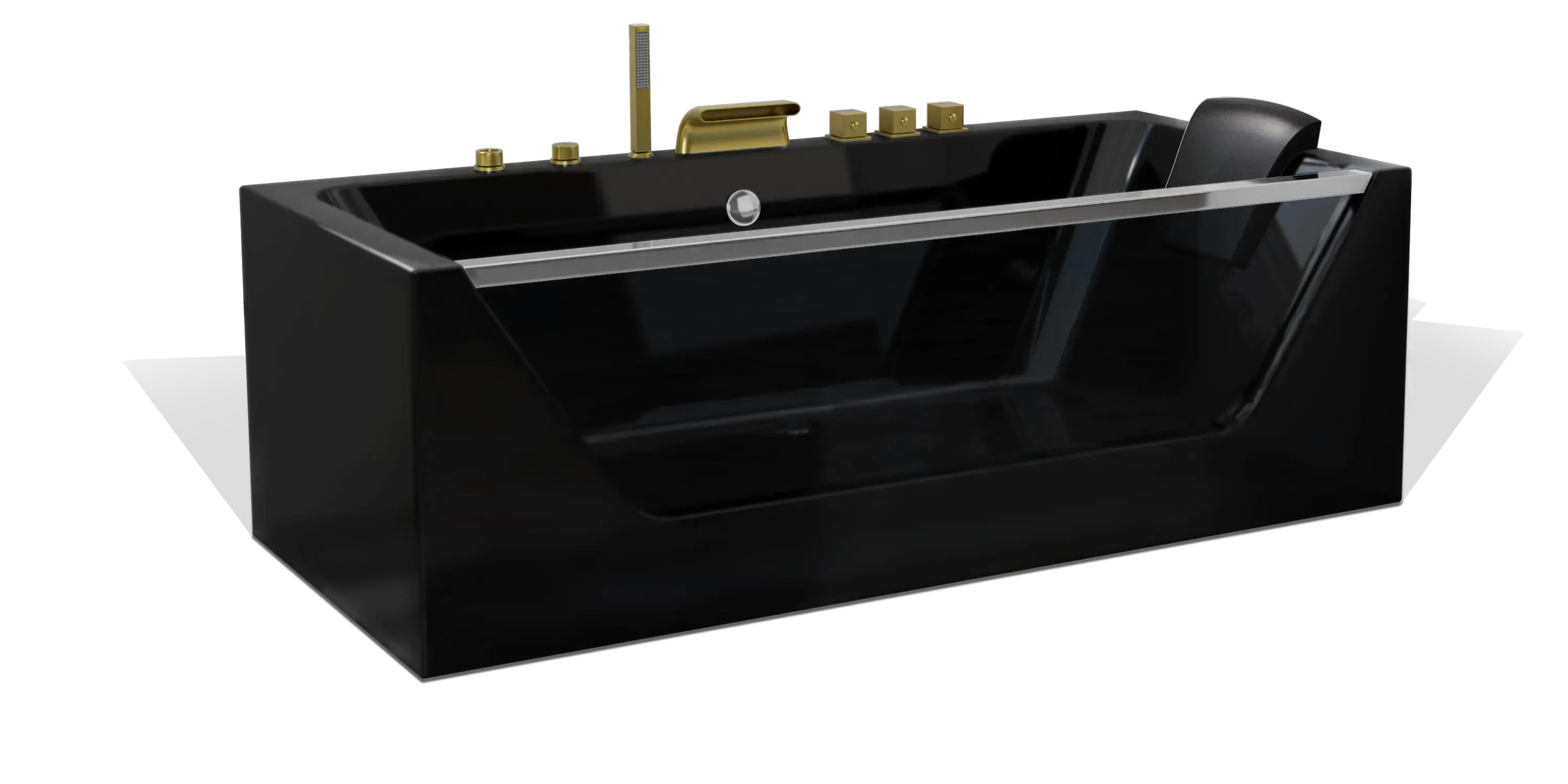 A sleek black Empava rectangular bathtub with gold fittings and a headrest. The design features straight clean lines and a glossy finish, giving it a modern and luxurious appearance. The tub is set against a plain white background.