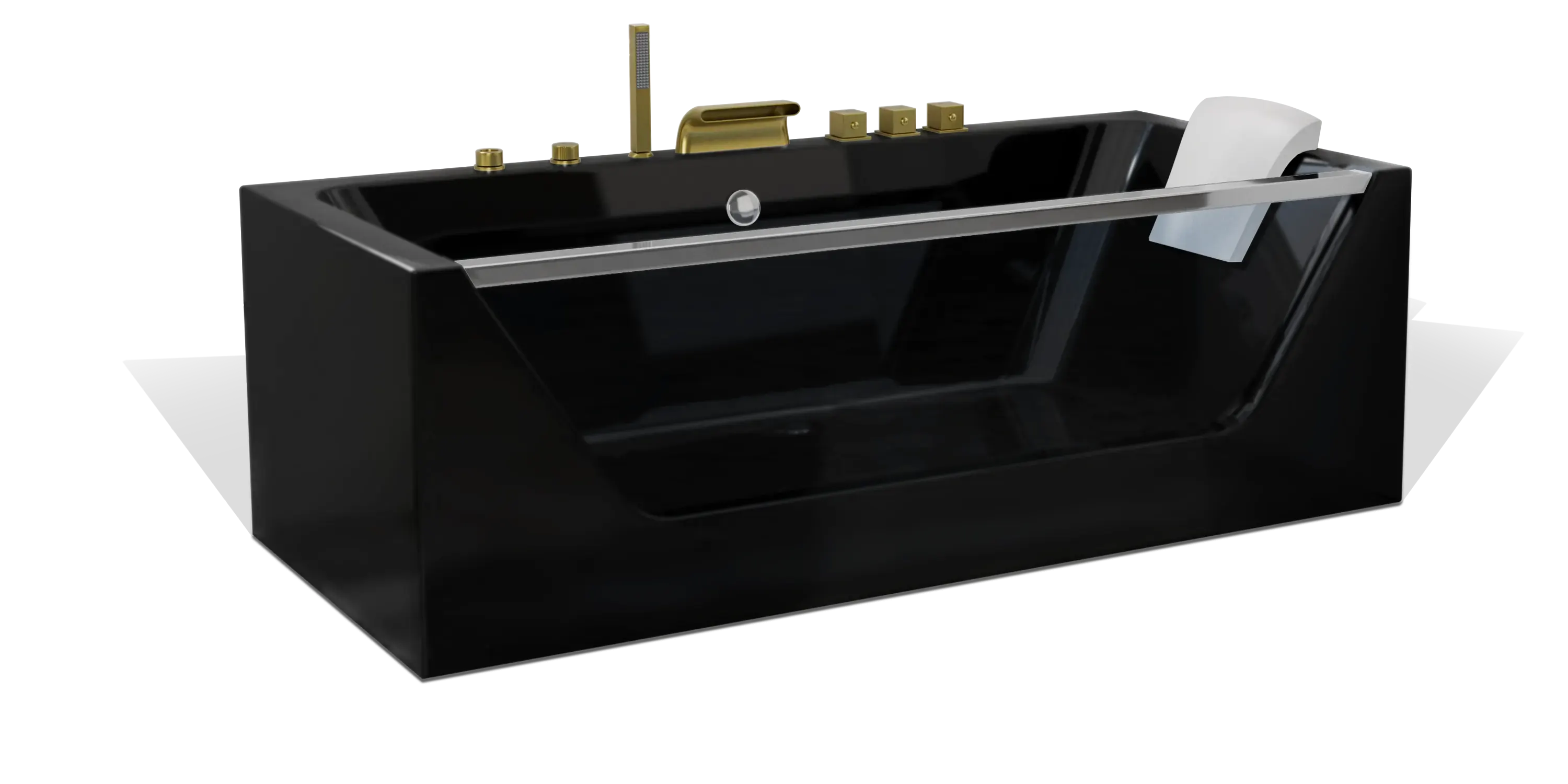 A sleek black Empava bathtub with a contemporary design, featuring gold fixtures and a white headrest. The tub has clean, angular lines and a modern aesthetic.