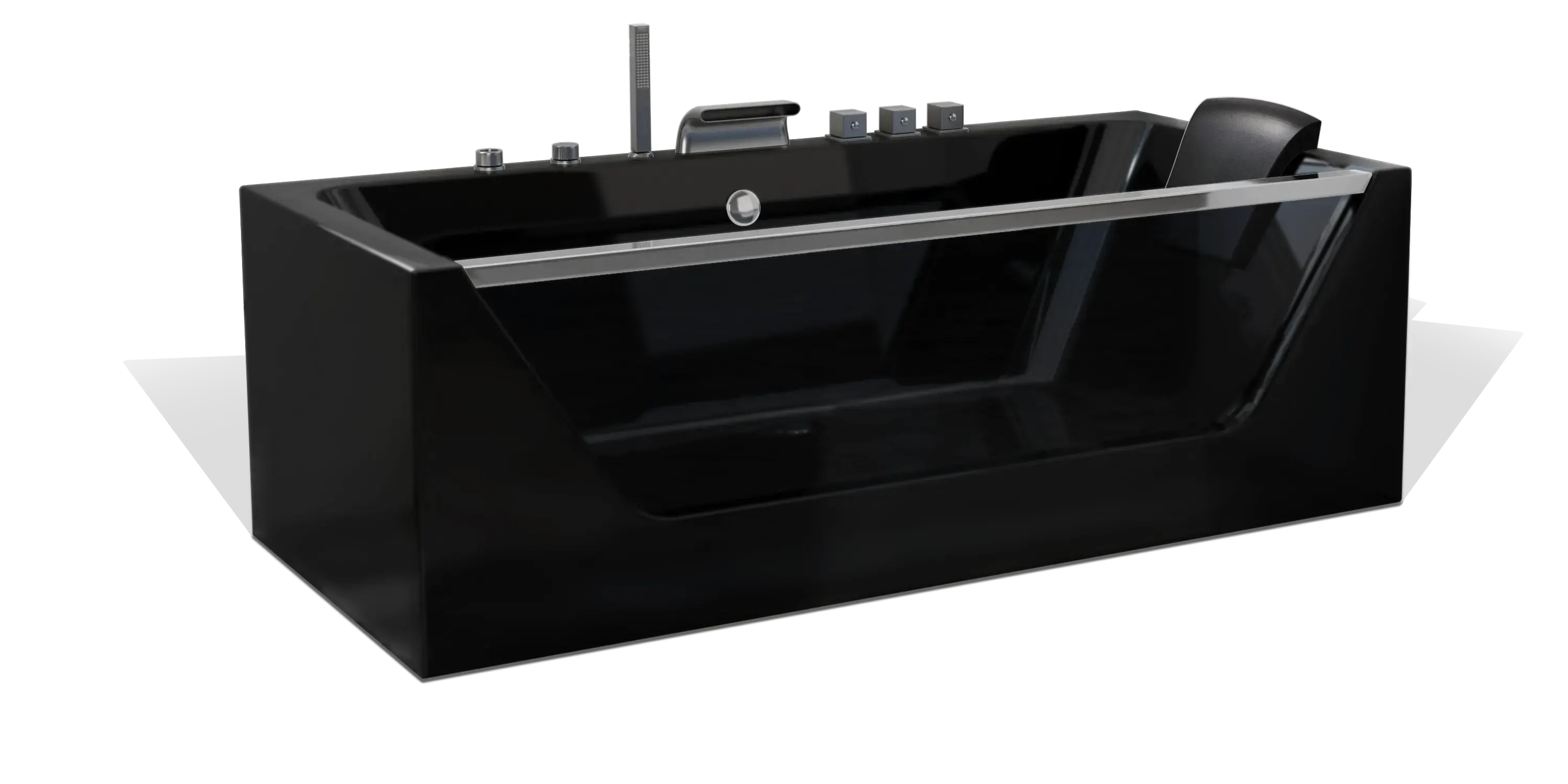 A sleek, modern black Empava bathtub with clean lines and a slightly angled ergonomic backrest. The bathtub features multiple handles and a shower head attachment on one side, set against a plain white background.