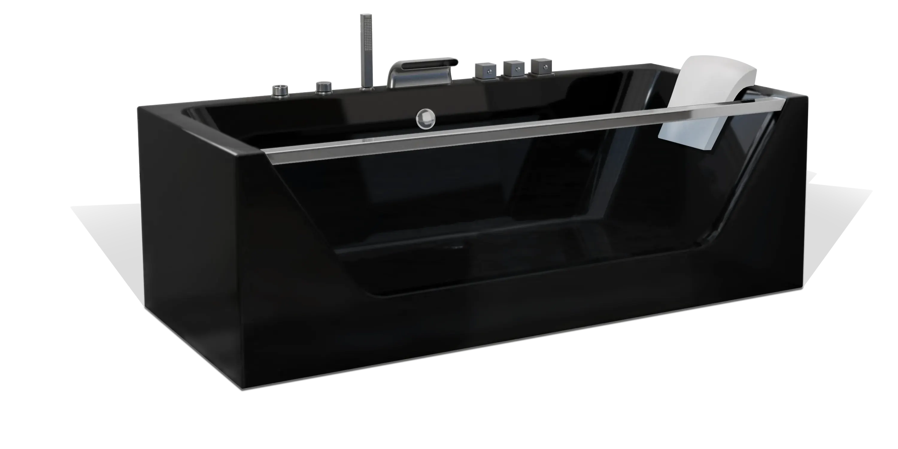 A sleek, modern black Empava bathtub with clean angular lines features an angled headrest and multiple knobs at one end for water control. This contemporary design is perfect for a stylish bathroom.