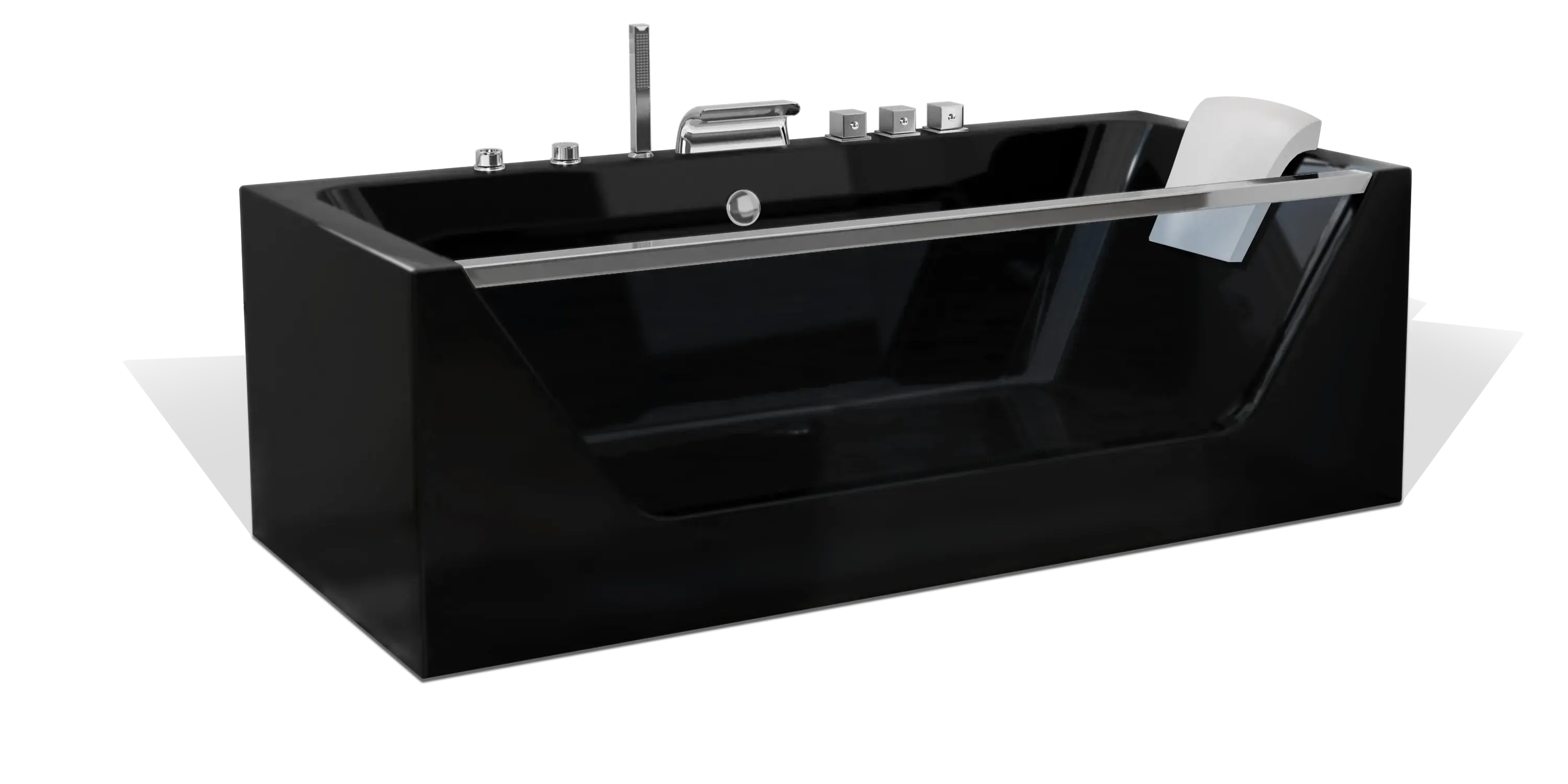 A sleek, modern Empava black bathtub with a flat, rectangular design. The tub features silver fixtures, including a faucet, handles, and a hand-held showerhead. There is a white headrest attached to one end for added comfort.