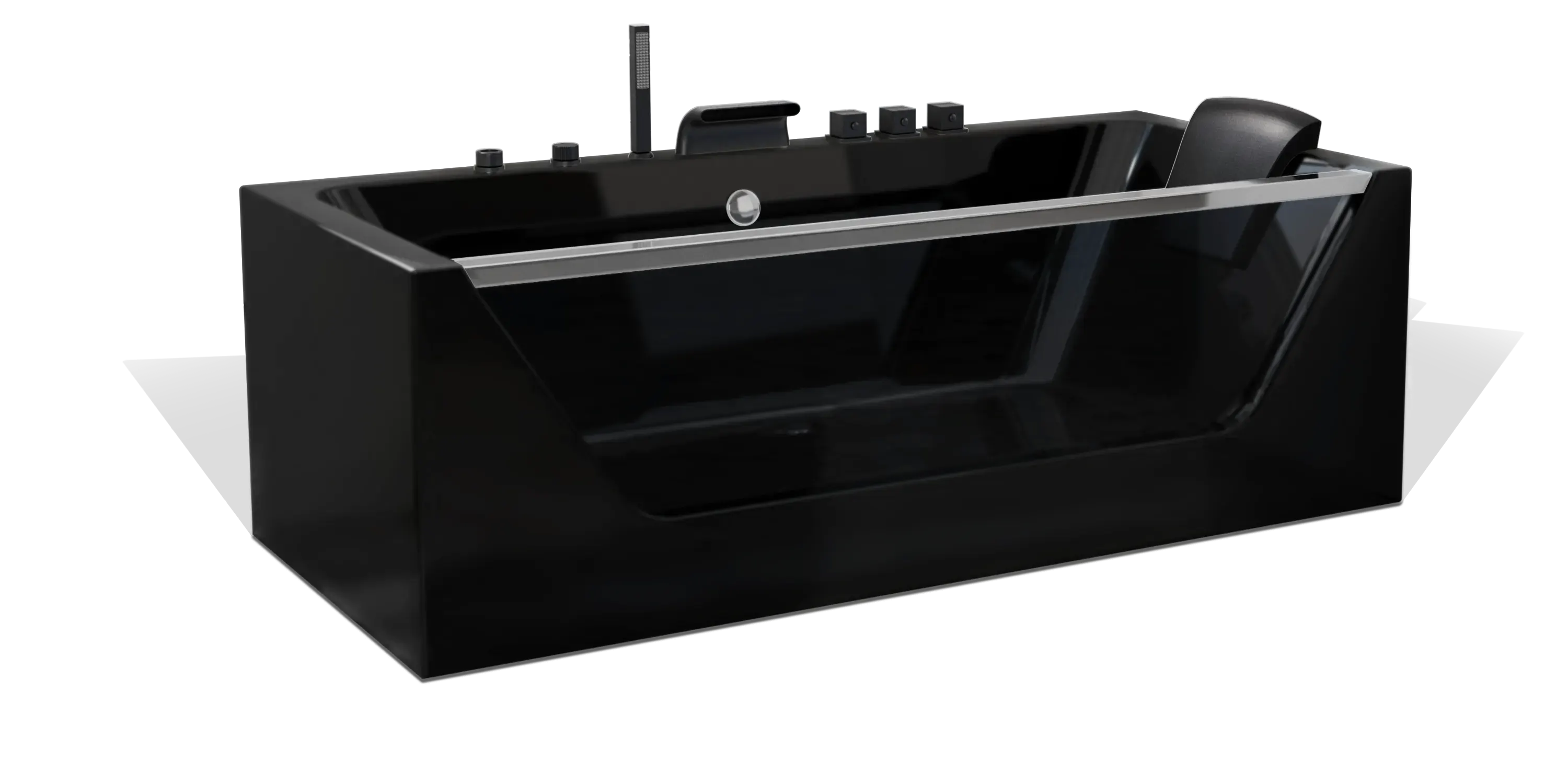 A sleek black Empava bathtub with a modern design, featuring a reclining backrest and various controls on the rim for adjusting water settings. The tub has a glossy finish and an angular exterior.