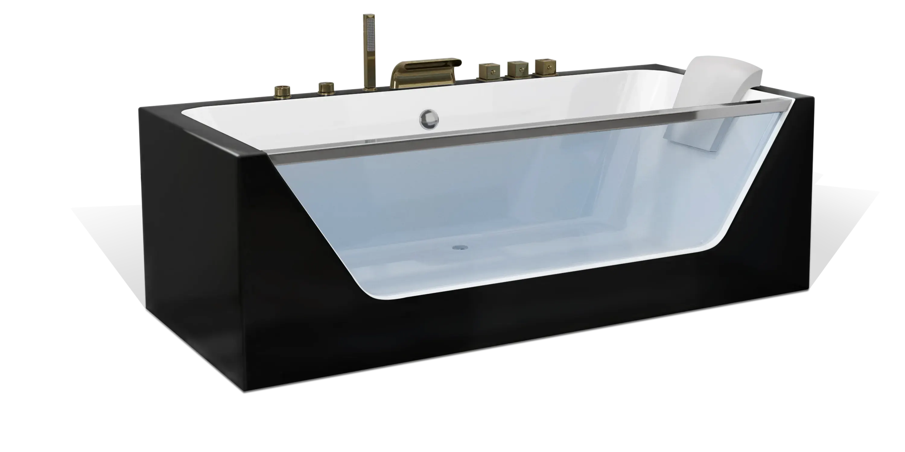 A sleek, modern Empava bathtub with a black outer finish, white interior, and a transparent glass panel on one side. It features several silver-colored fixtures and a waterfall-style spout, arranged along the back edge.