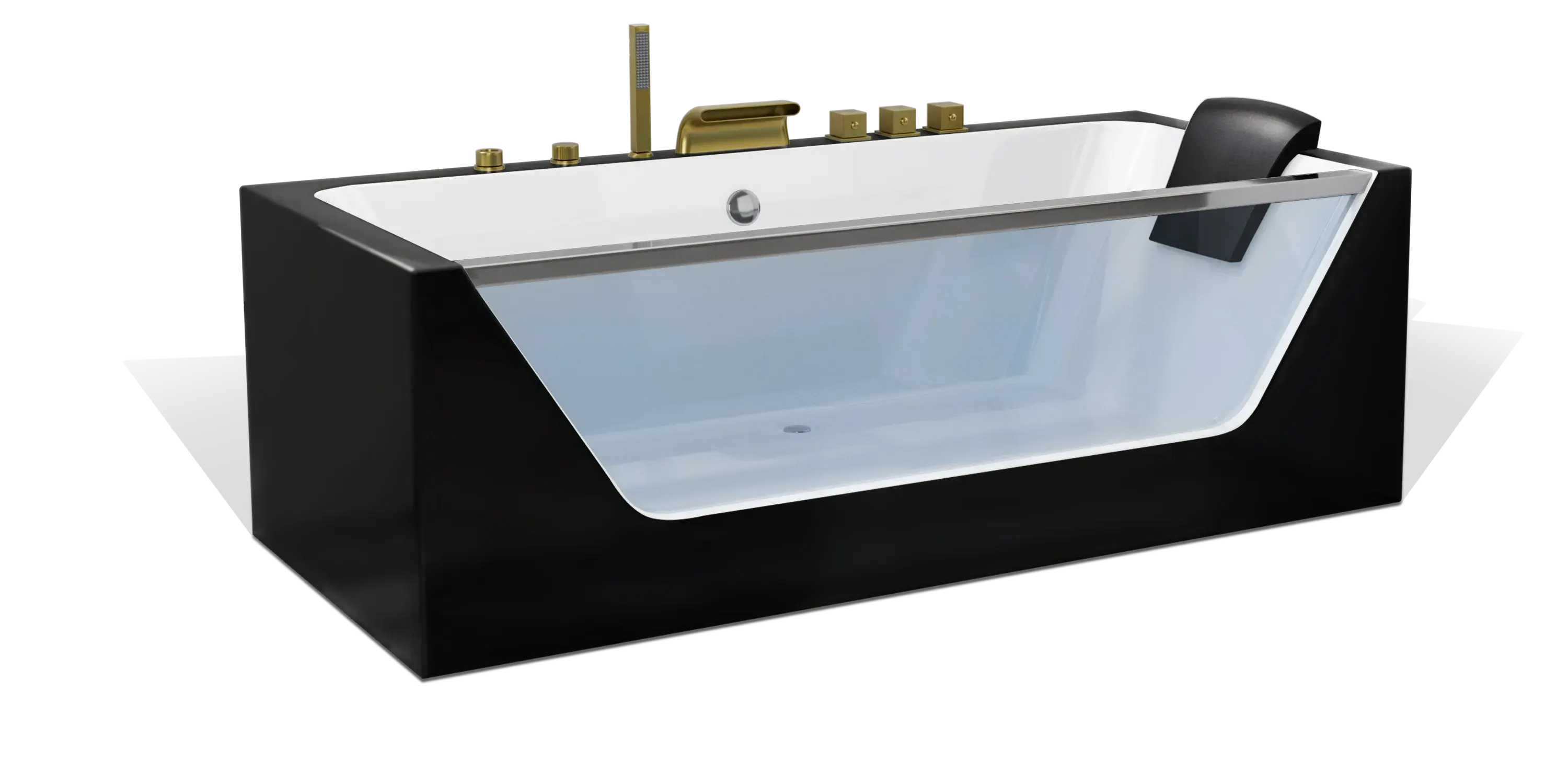 A modern black Empava freestanding bathtub with a clear glass side panel, sleek lines, and gold faucet fixtures. The tub features a built-in headrest on one end, providing a luxurious and stylish design for contemporary bathrooms.