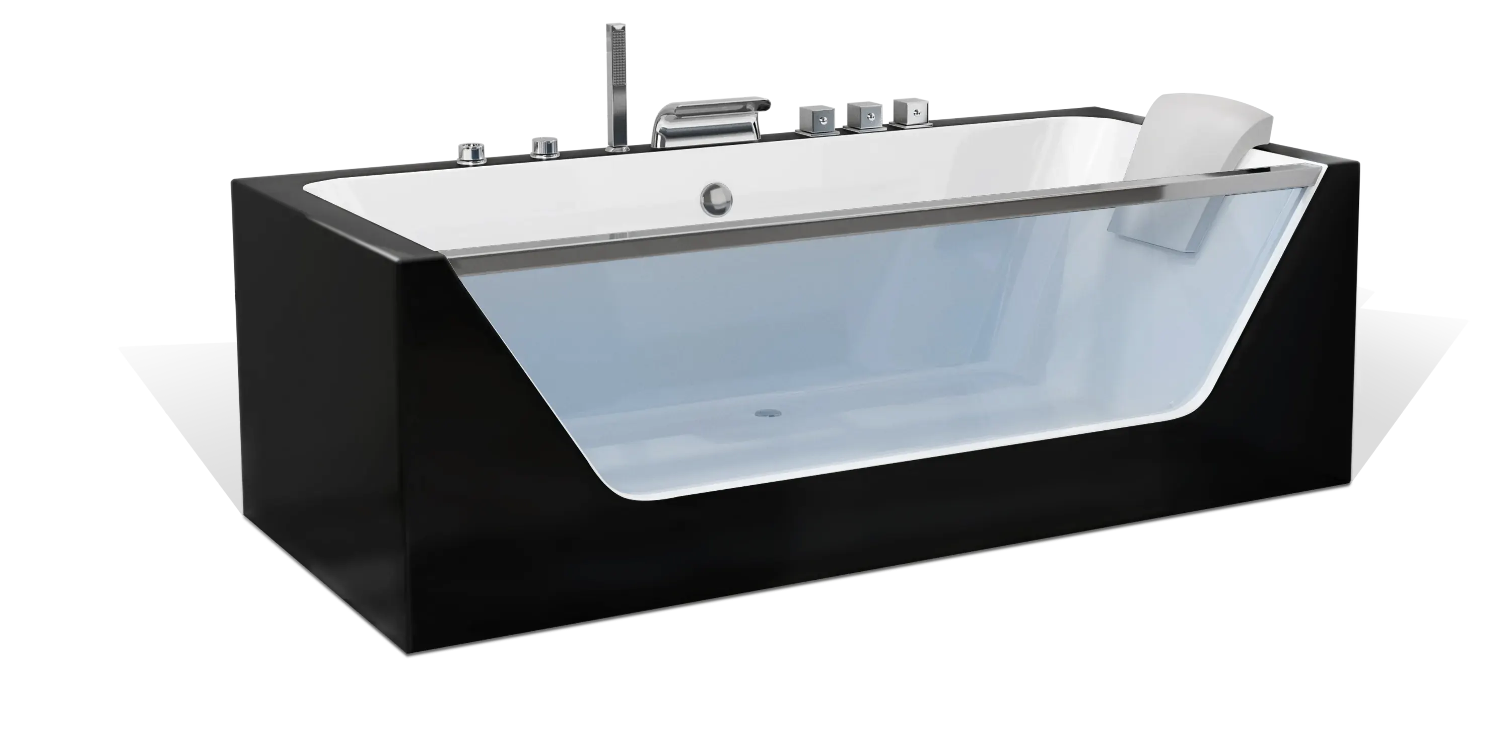 A modern Empava bathtub with a sleek, minimalist design featuring a black exterior and a transparent side panel. The bathtub is equipped with multiple chrome fixtures and a headrest for added comfort. The geometric shape and glossy finish emphasize its contemporary style.