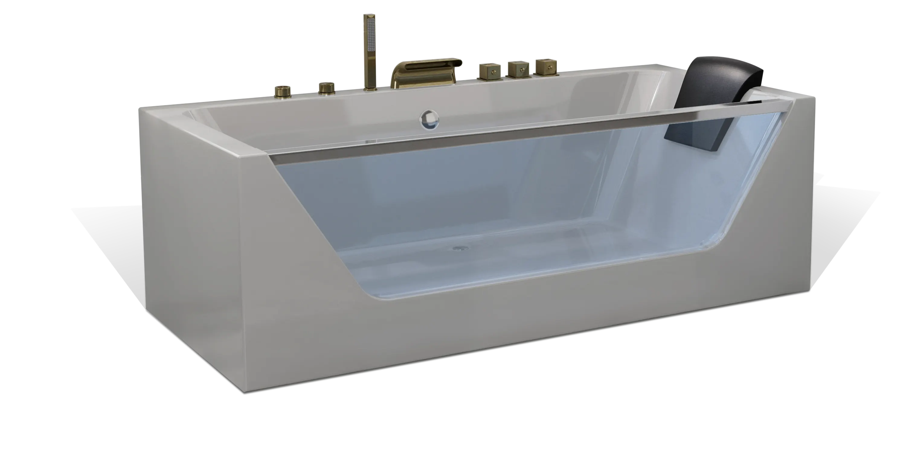 A modern Empava freestanding bathtub with a clear acrylic front panel, featuring a sleek design and equipped with multiple gold-colored faucet knobs and a handheld shower head. The tub has a built-in black headrest for added comfort.