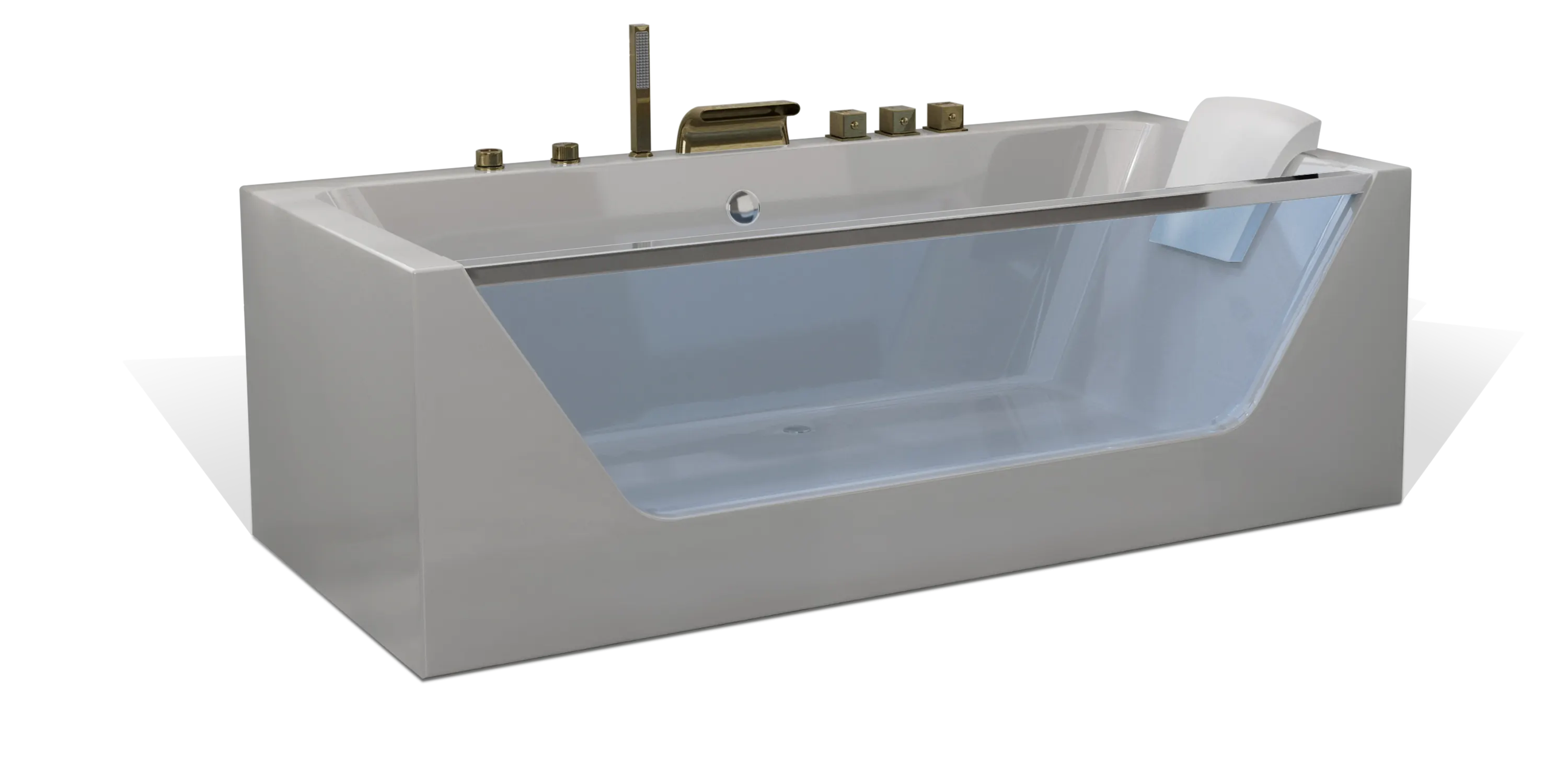 The Empava bathtub boasts a modern, sleek design with a transparent side panel, metallic fixtures, and a built-in headrest. With various controls on the edges, this contemporary tub is perfect for a luxurious bathroom setting.