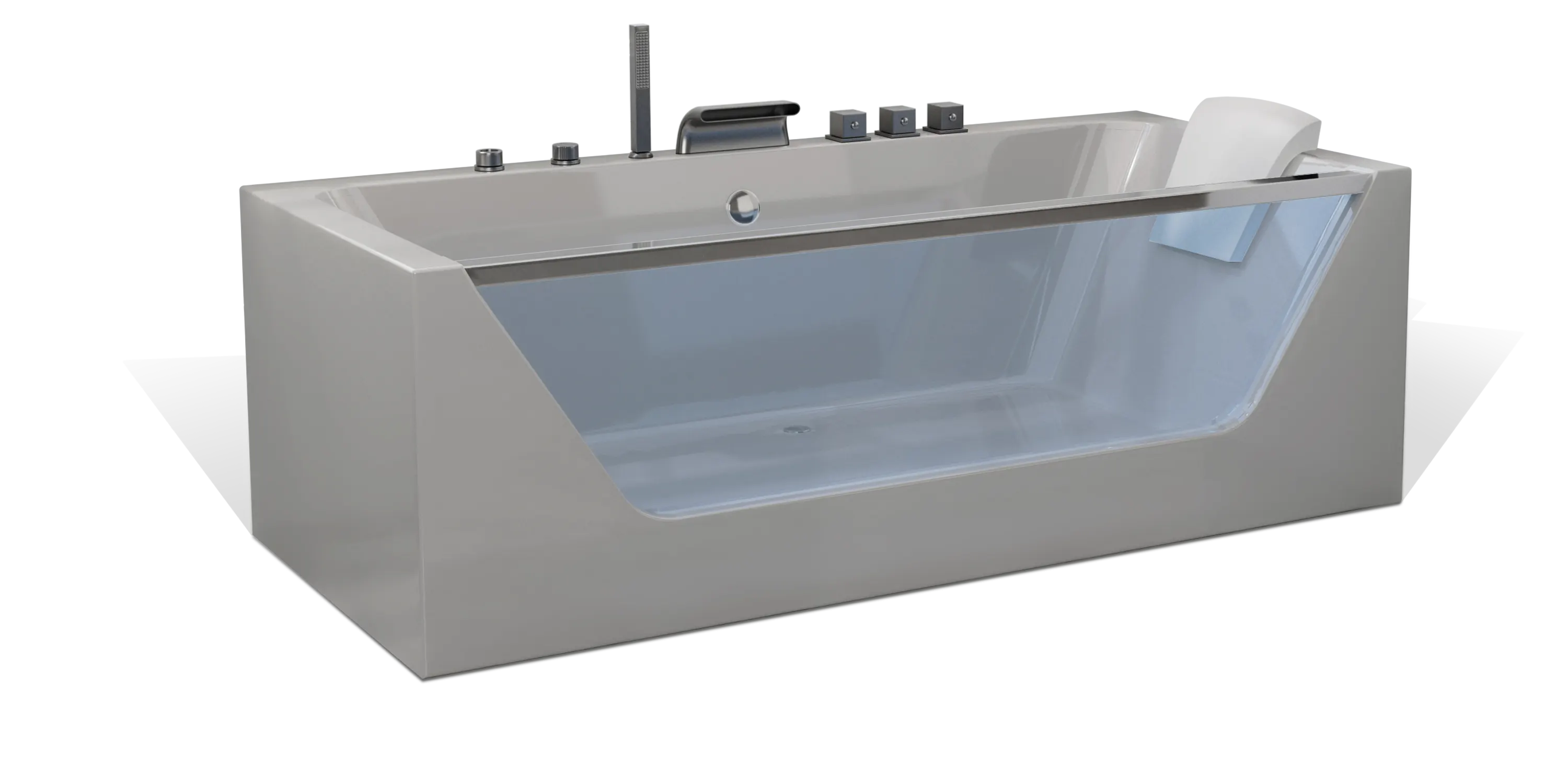 Modern gray Empava bathtub with a transparent side panel and built-in controls, including a handheld showerhead, faucet, and knobs for water temperature and jet settings. The tub features an angled backrest and sleek design, suitable for luxurious home bathrooms.
