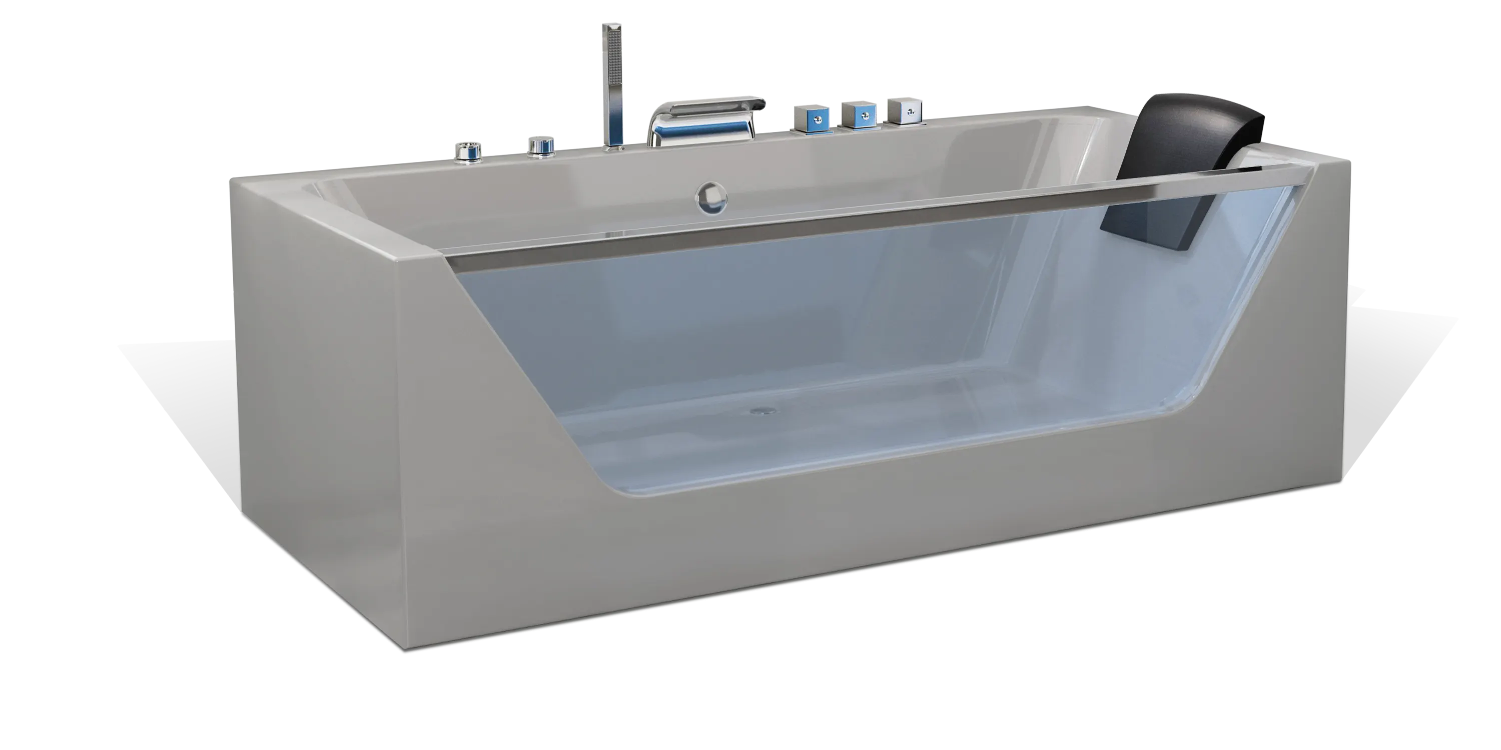 A sleek, modern Empava bathtub with a transparent side panel, chrome fixtures, and a black headrest. The tub's contemporary design features a rectangular shape with built-in controls and a faucet on one side.