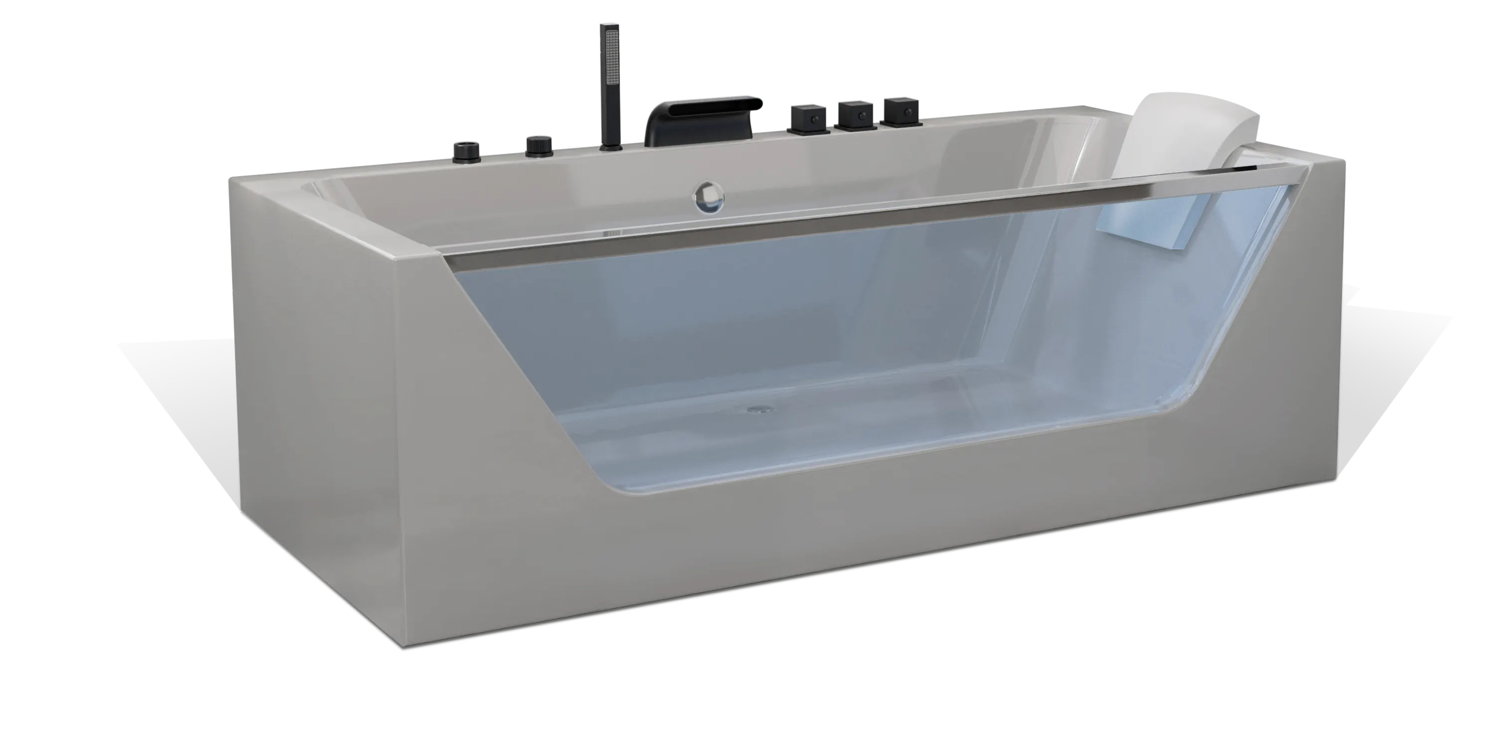 An Empava modern bathtub with a transparent side panel, showcasing a sleek design. It features multiple control knobs on the rim for functions like water flow and temperature, and includes a black hand shower and white headrest. The tub is shown on a white background.