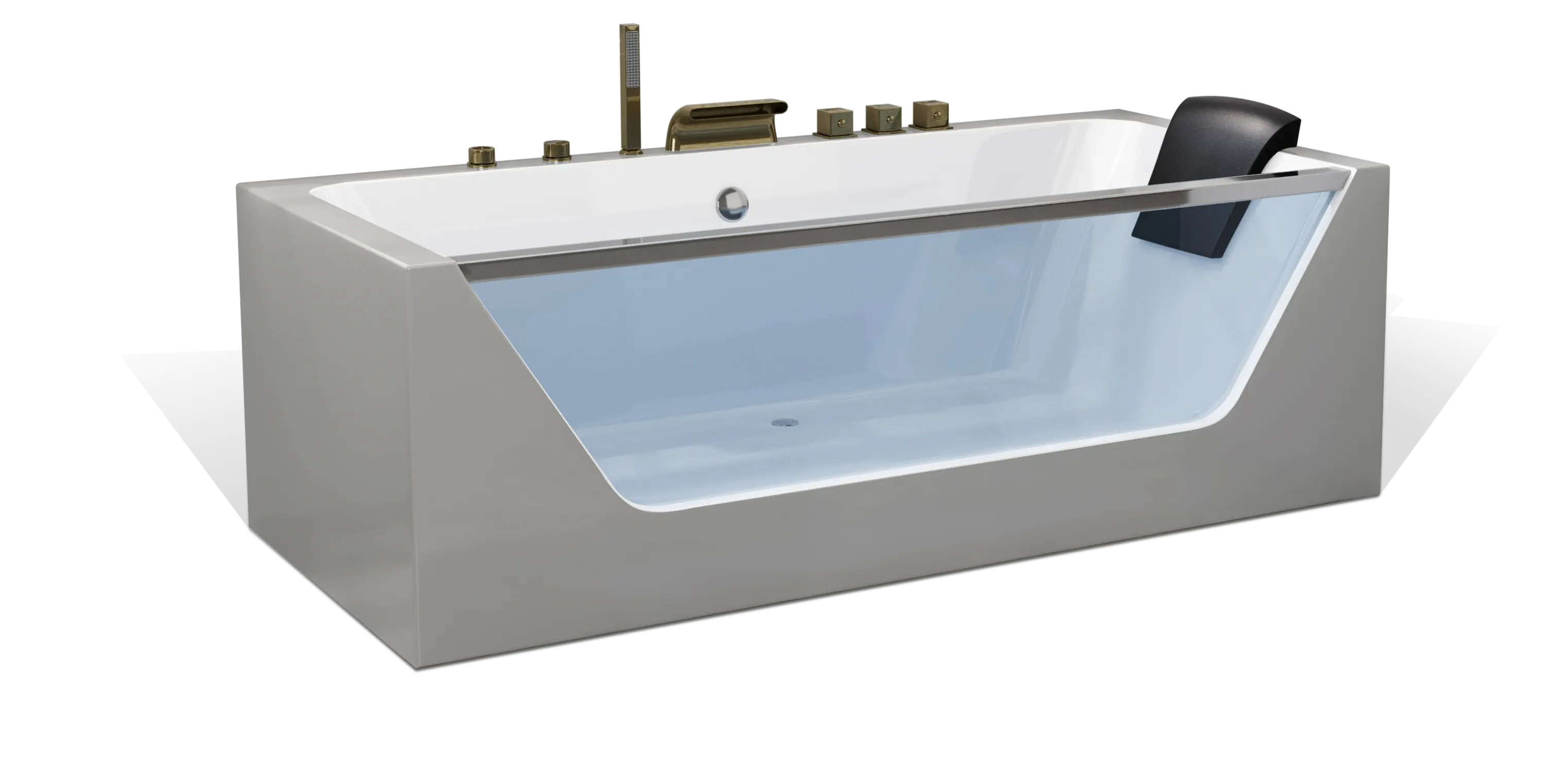 Modern Empava white bathtub with a transparent side panel, showcasing a built-in headrest. The tub features brass fixtures, including a faucet, handheld shower, and control knobs. The sleek design highlights luxury and contemporary aesthetics, making it the perfect centerpiece for any bathroom.