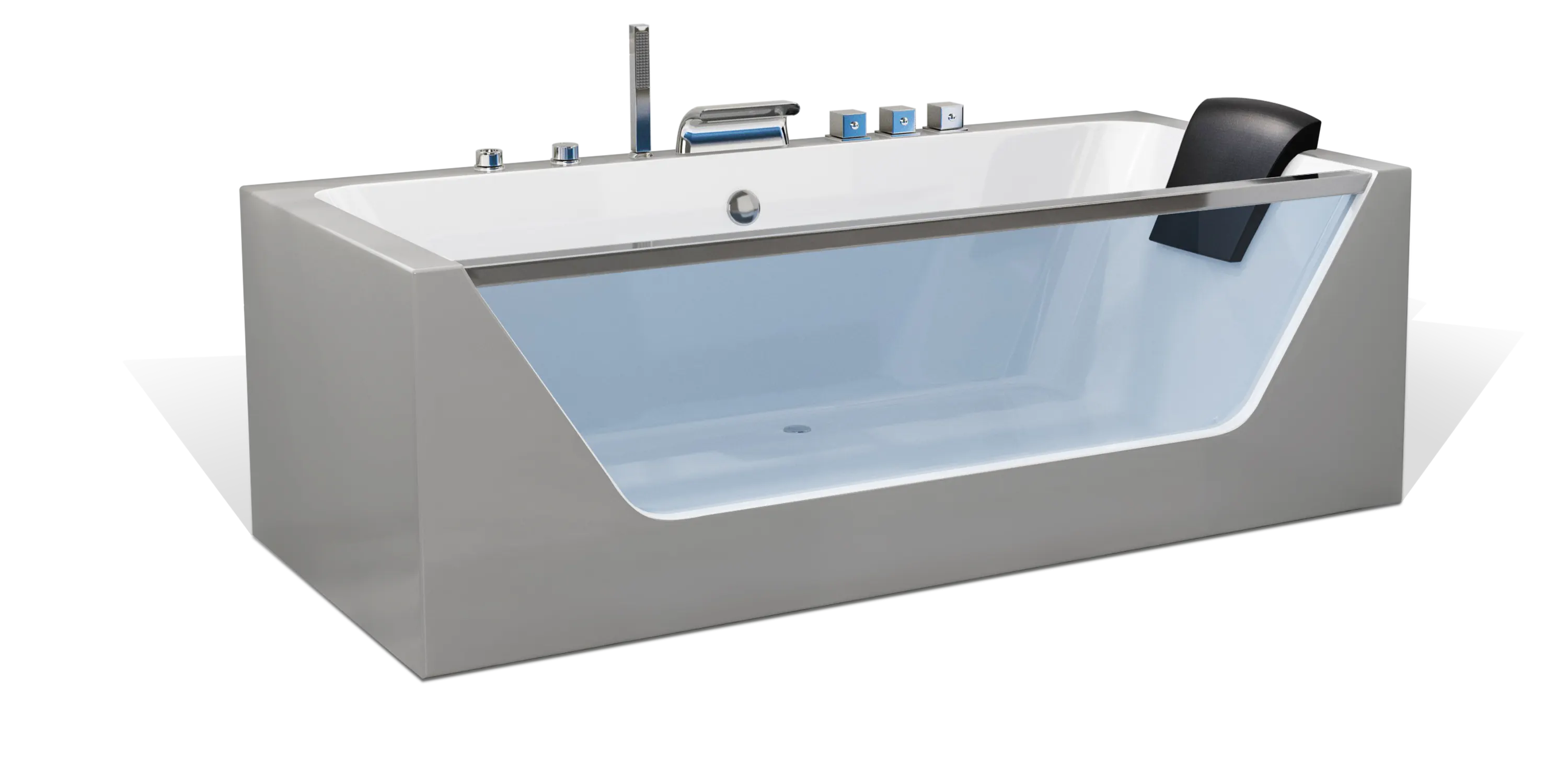 The Empava modern walk-in bathtub features a transparent side panel, faucet fixtures, a handheld showerhead, and a black headrest. With its sleek design and accessible entryway, this tub is ideal for individuals with mobility challenges.