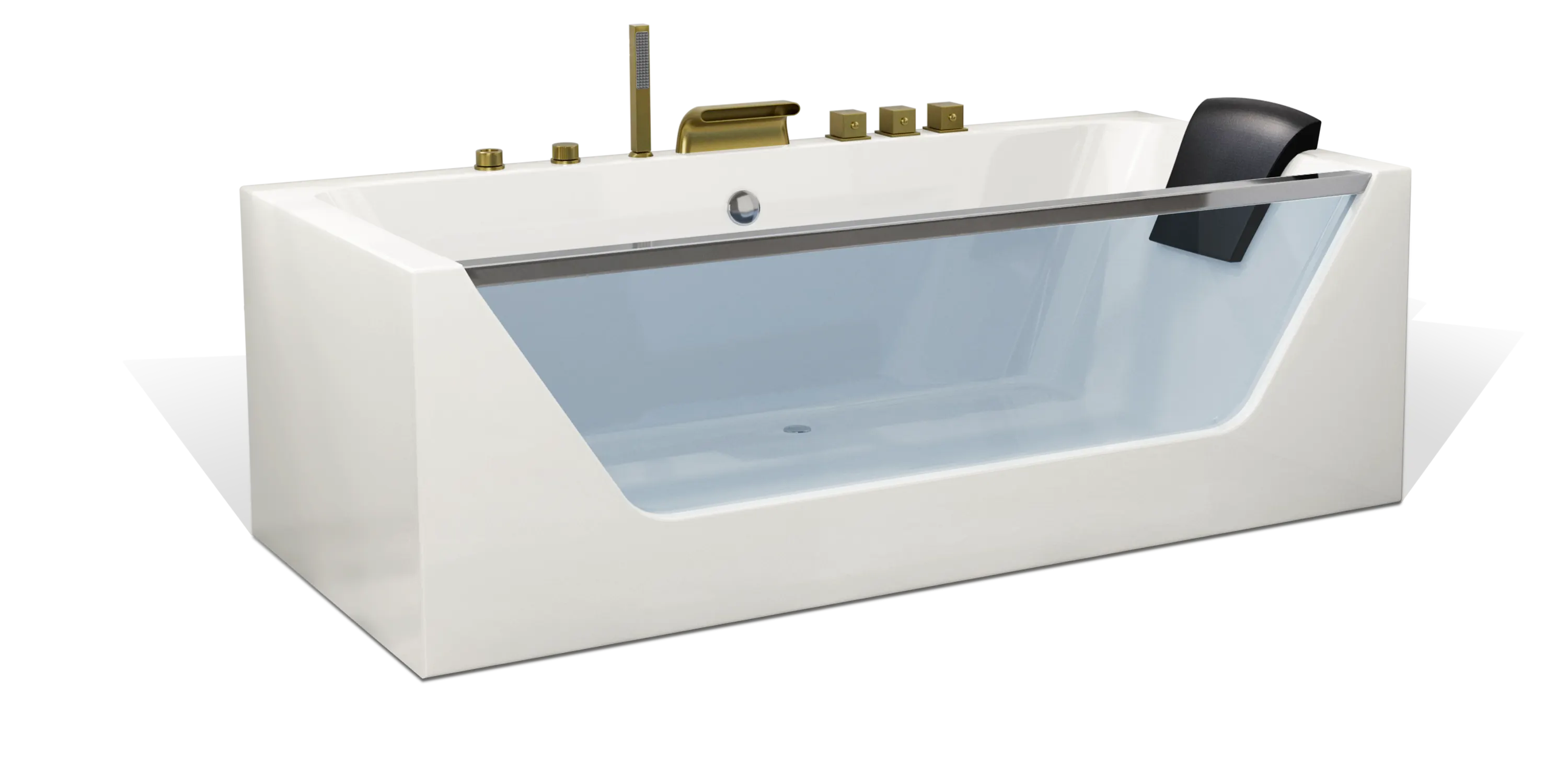 A modern white Empava bathtub with a transparent side panel, featuring a sleek design with gold-colored fixtures, a headrest, and controls mounted on the tub鈥檚 rim. The tub is installed in a minimalist setting with light-colored flooring.