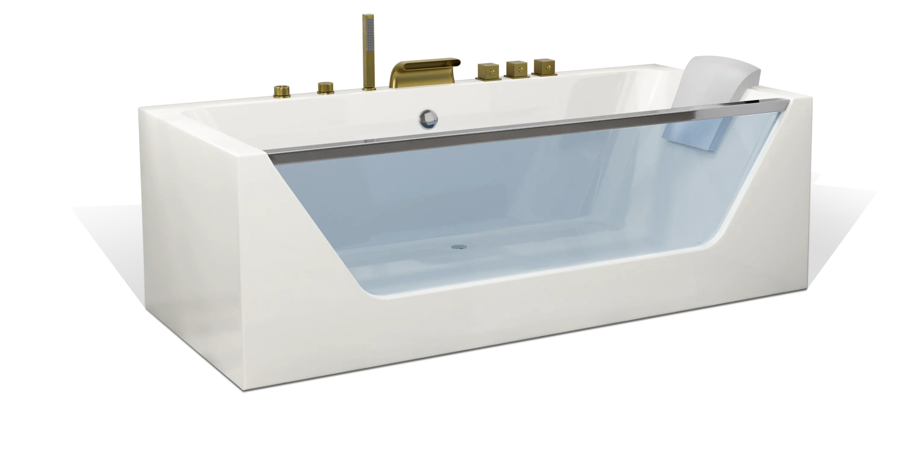 A modern white Empava bathtub featuring a sleek, angular design. The bathtub has a transparent side panel, brass fixtures including a faucet, and an attached headrest. The setting is minimalistic, highlighting the bathtub's contemporary aesthetic.