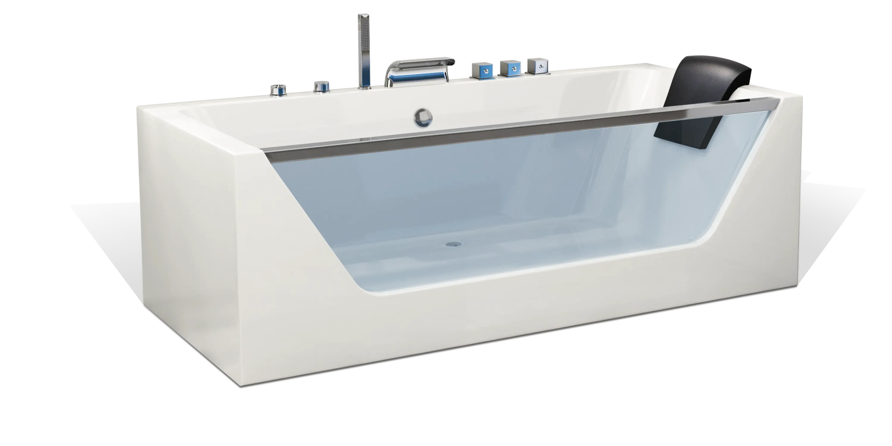 A modern rectangular Empava bathtub with a sleek, transparent side panel. The bathtub features a black headrest and various faucet controls at one end. It stands isolated against a white background.
