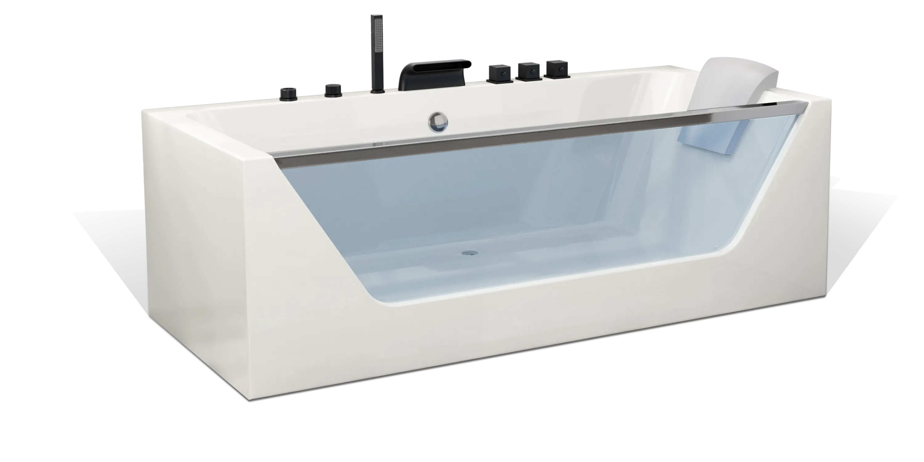 A modern white Empava bathtub with a transparent side panel. The bathtub includes various fixtures such as a faucet, shower head, and control knobs mounted on the top edge. The tub has a sleek, contemporary design, and the interior appears spacious and comfortable.