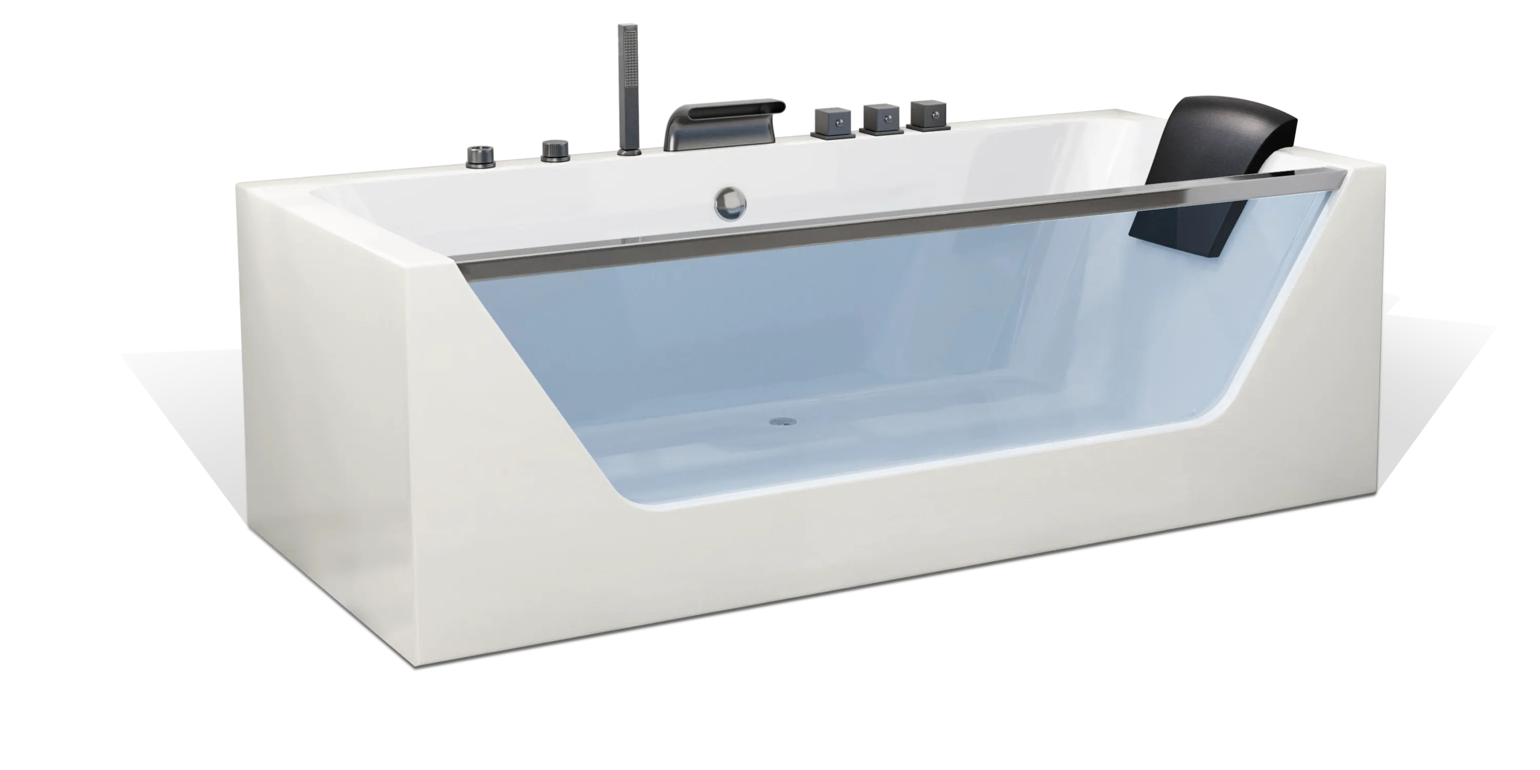 Modern white Empava bathtub with a transparent side panel and a black headrest. The tub features various fixtures, including a handheld showerhead and multiple controls along the top edge. The sleek design combines functionality with contemporary aesthetics.