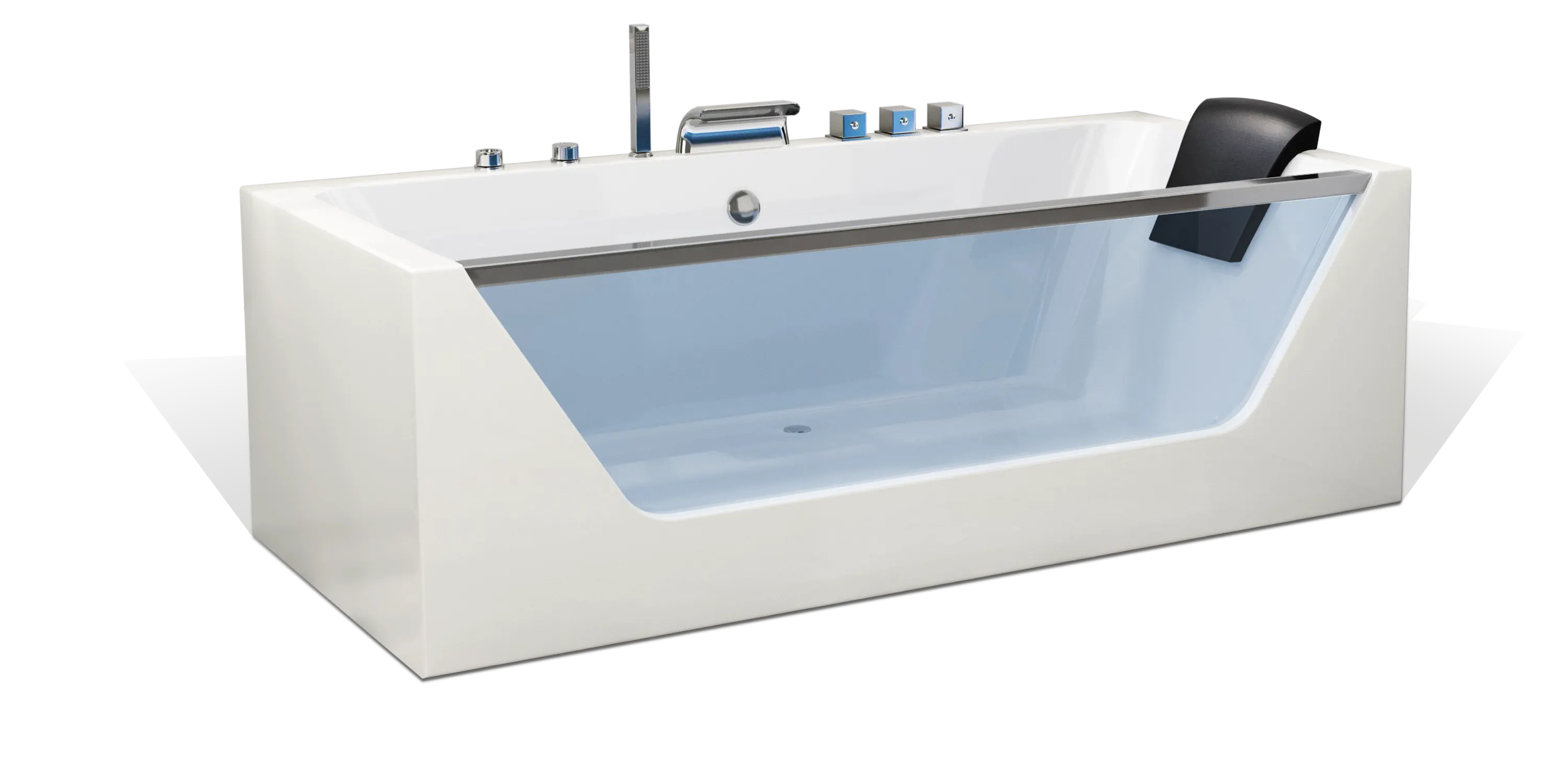The Empava bathtub, featuring a transparent side panel, black headrest, and multiple chrome controls on the rim including a faucet, blends sleek design with functionality. This modern white bathtub showcases a minimalist yet luxurious aesthetic.