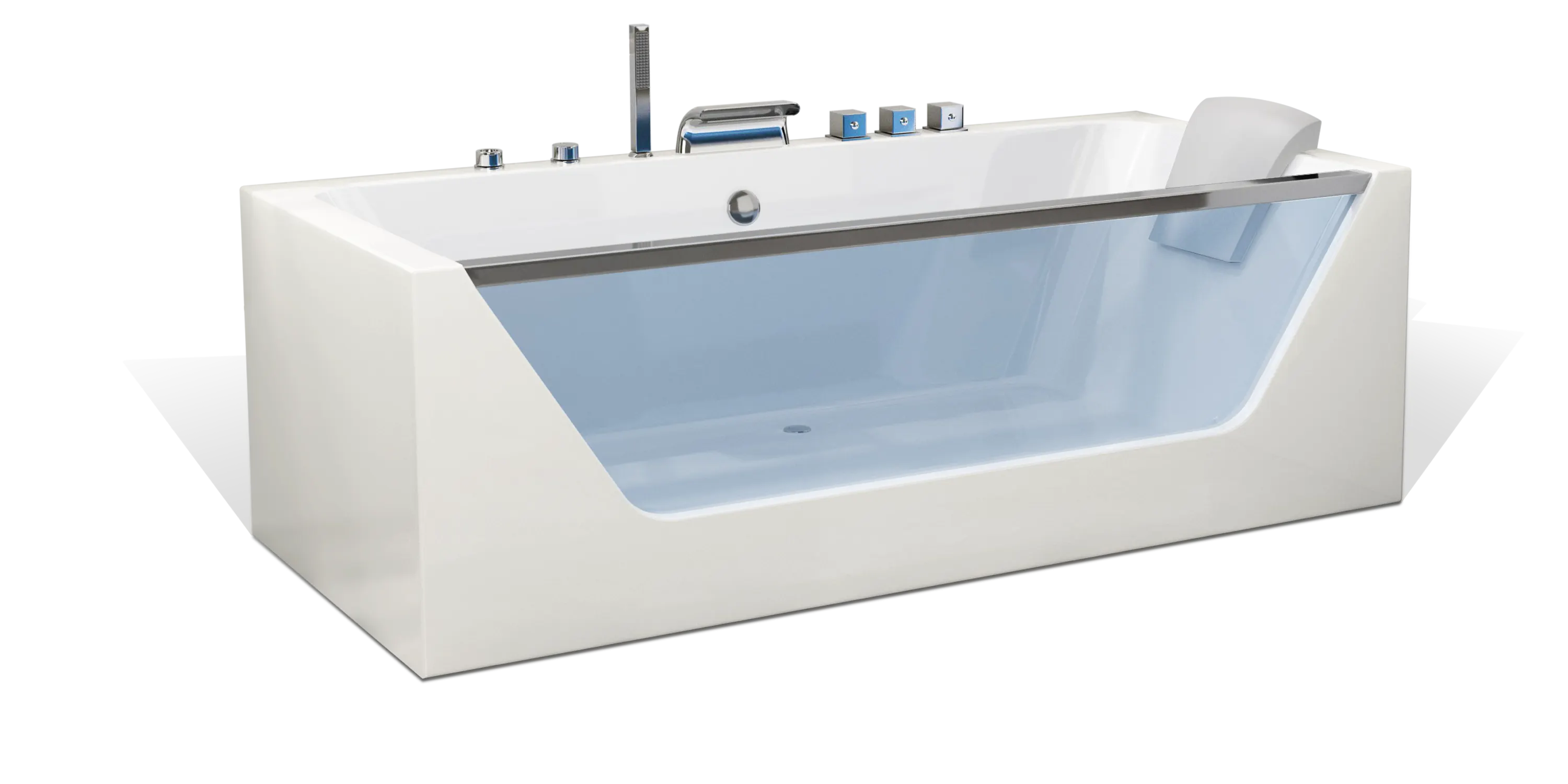 The Empava modern rectangular bathtub features transparent side panels, offering a clear view of the interior. It comes with a faucet, hand shower, and control knobs on the edge, along with a reclined headrest for added comfort.