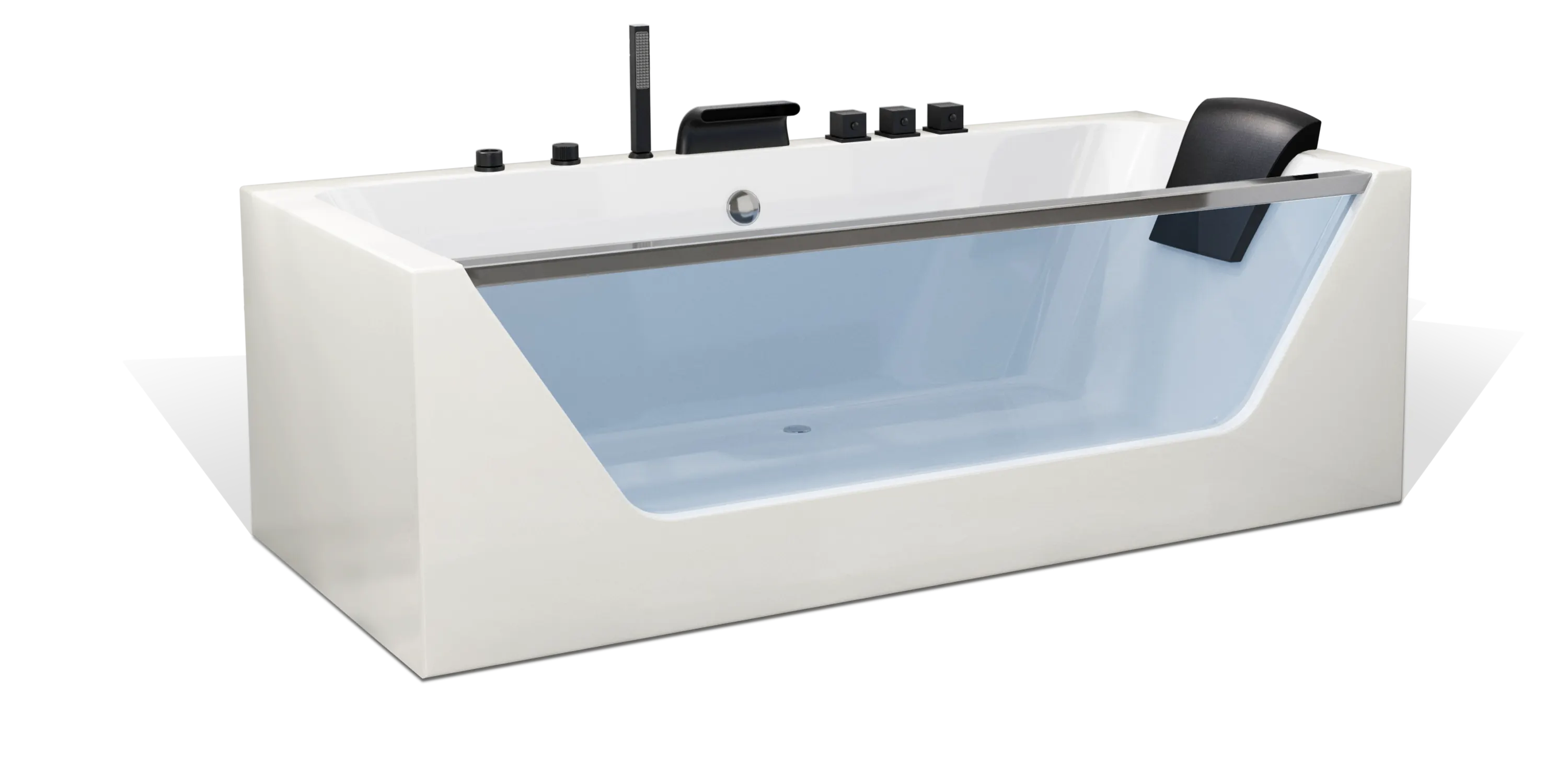 The Empava bathtub is a sleek, modern fixture with a glass panel on one side. It features built-in faucet controls, a handheld showerhead, and a comfortable black headrest. Its minimalist design includes clean lines and a smooth white finish.
