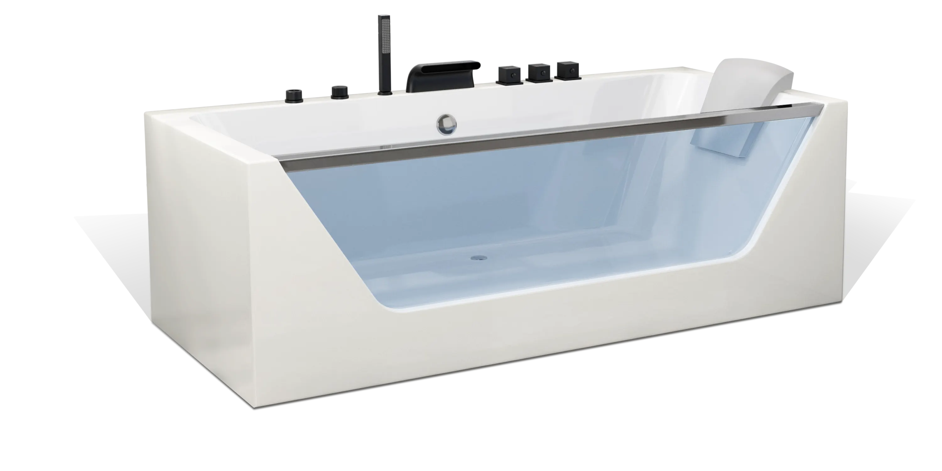 A sleek, modern bathtub by Empava with a semi-transparent front panel and white exterior. The tub features multiple controls on the rim, a handheld showerhead attachment, and an inclined backrest for comfort.