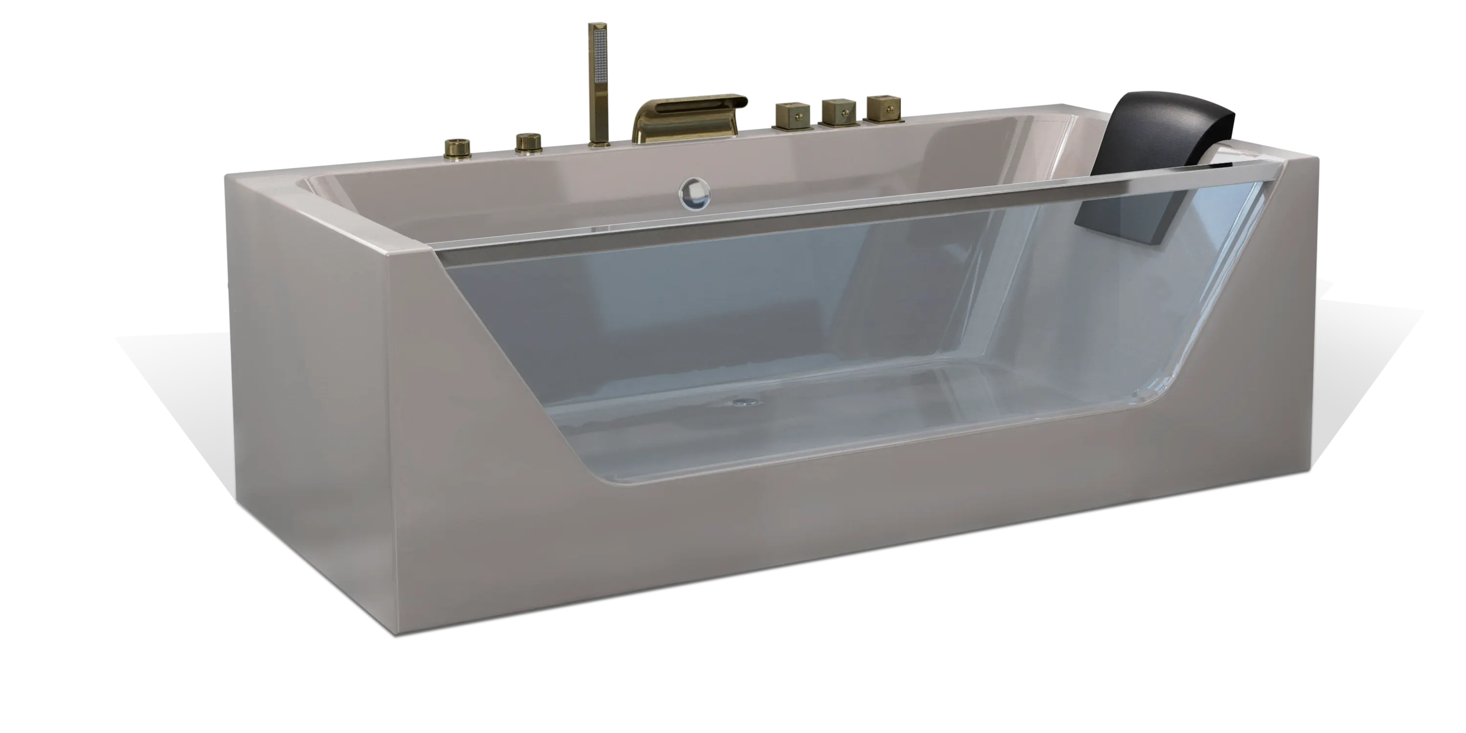 A modern taupe brown rectangular one-sided transparent glass Empava bathtub, multiple bronze faucets, a shower head on the side and a black removable headrest. The bathtub has a sleek, minimalist design with clean lines and a glossy finish.
