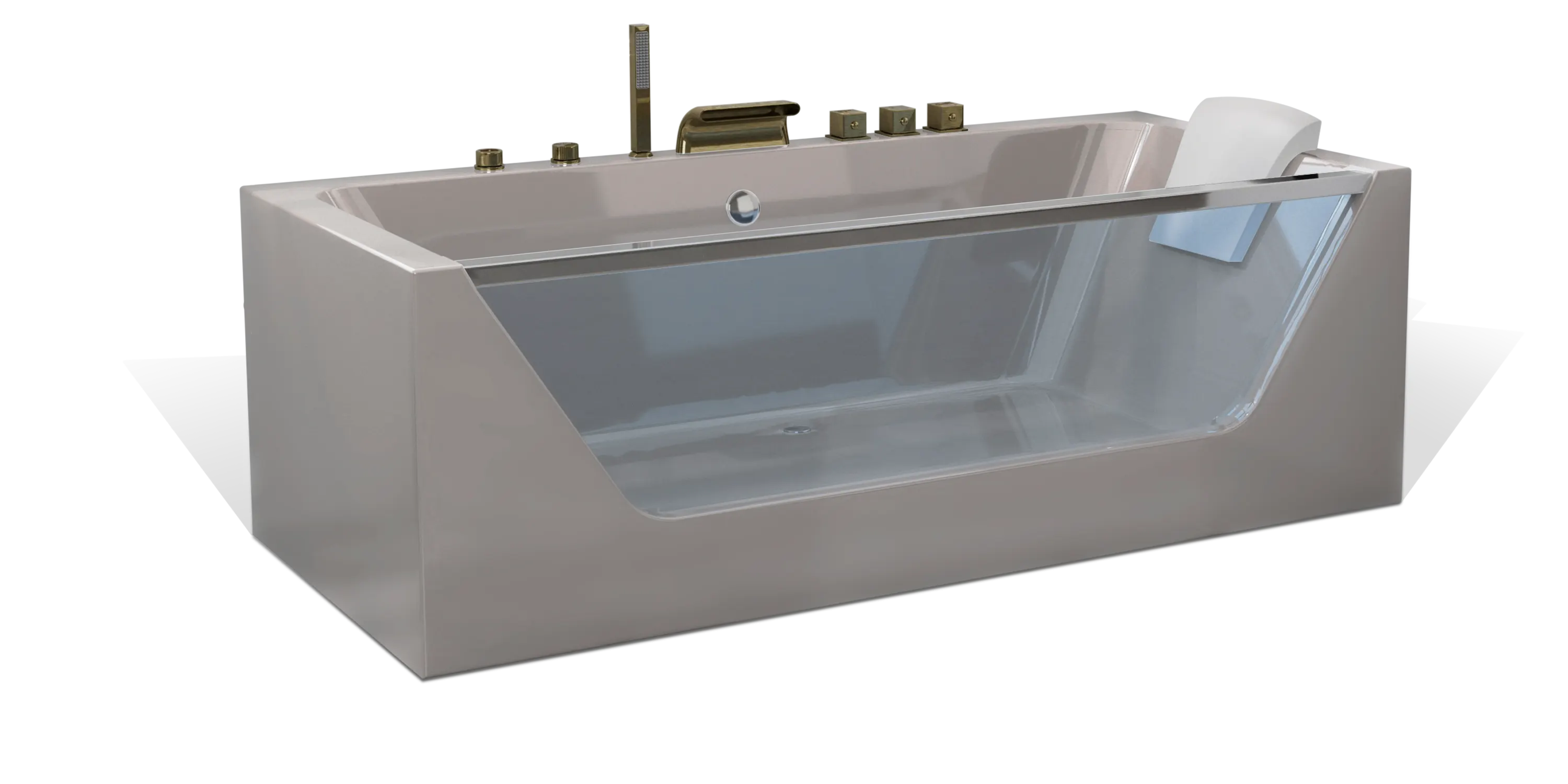 A modern taupe brown rectangular one-sided transparent glass Empava bathtub, multiple bronze faucets, a shower head on the side and a white removable headrest. The bathtub has a sleek, minimalist design with clean lines and a glossy finish.