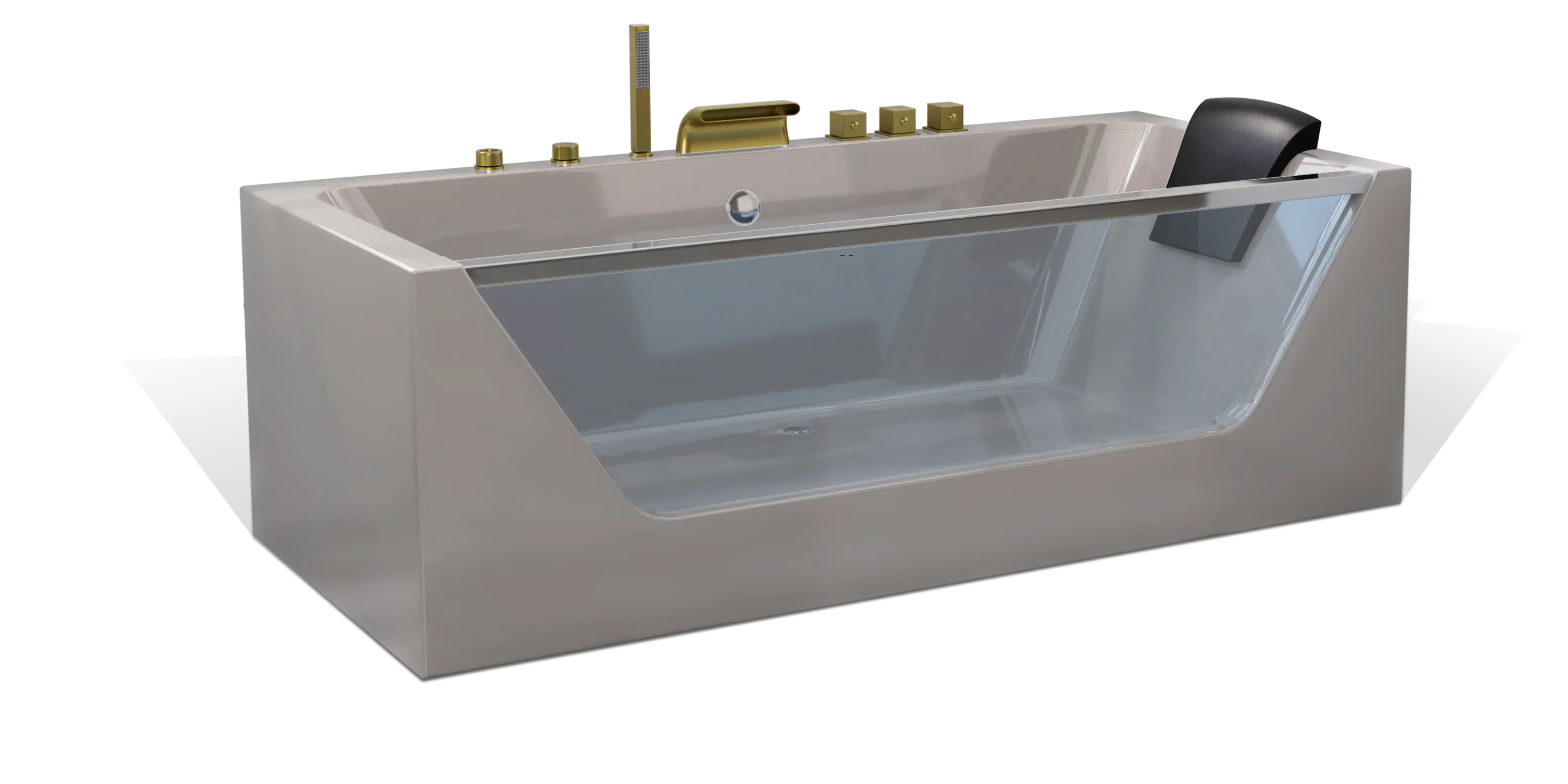 A modern taupe brown rectangular one-sided transparent glass Empava bathtub, multiple brushed gold faucets, a shower head on the side and a black removable headrest. The bathtub has a sleek, minimalist design with clean lines and a glossy finish.