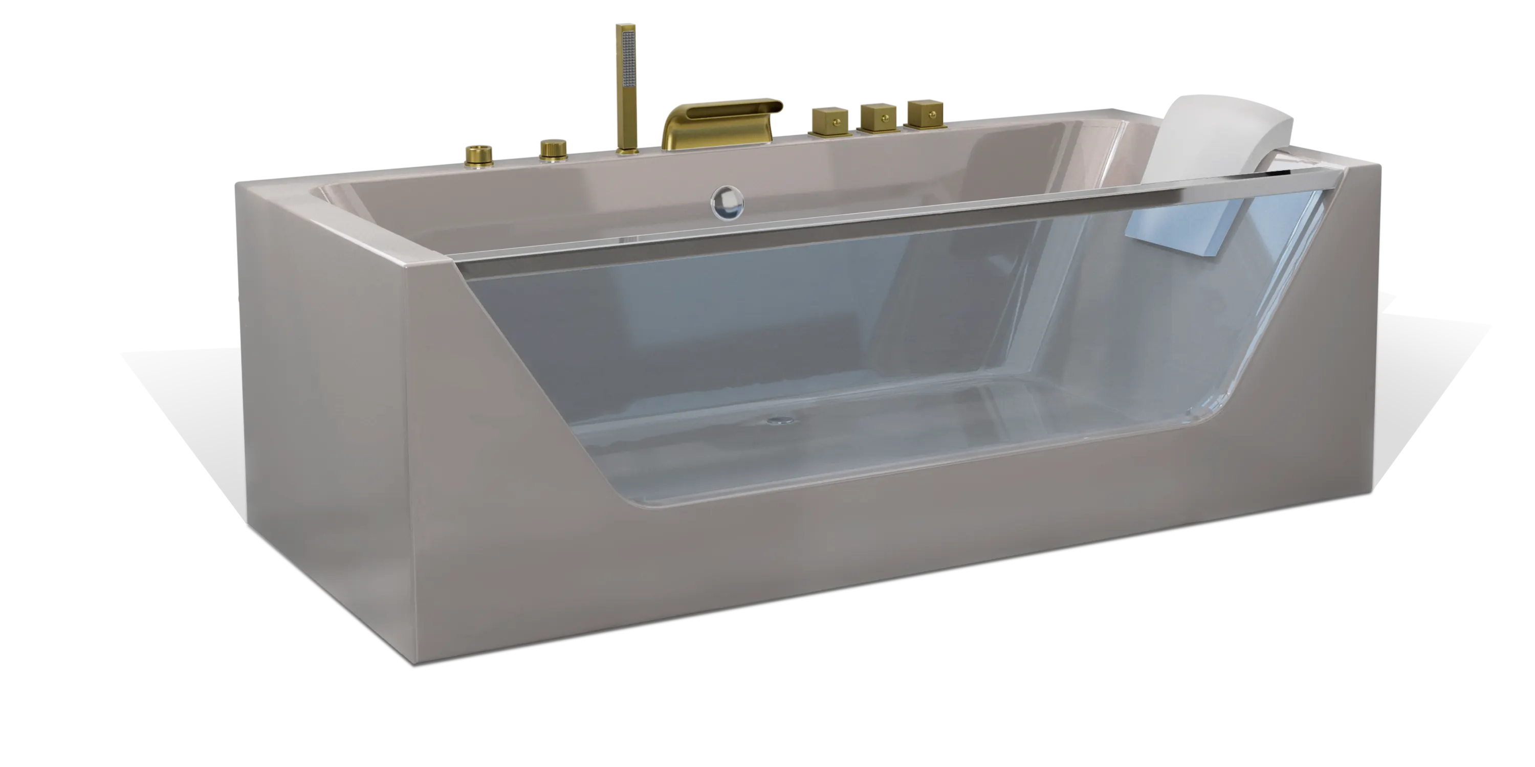 A modern taupe brown rectangular one-sided transparent glass Empava bathtub, multiple brushed gold faucets, a shower head on the side and a white removable headrest. The bathtub has a sleek, minimalist design with clean lines and a glossy finish.