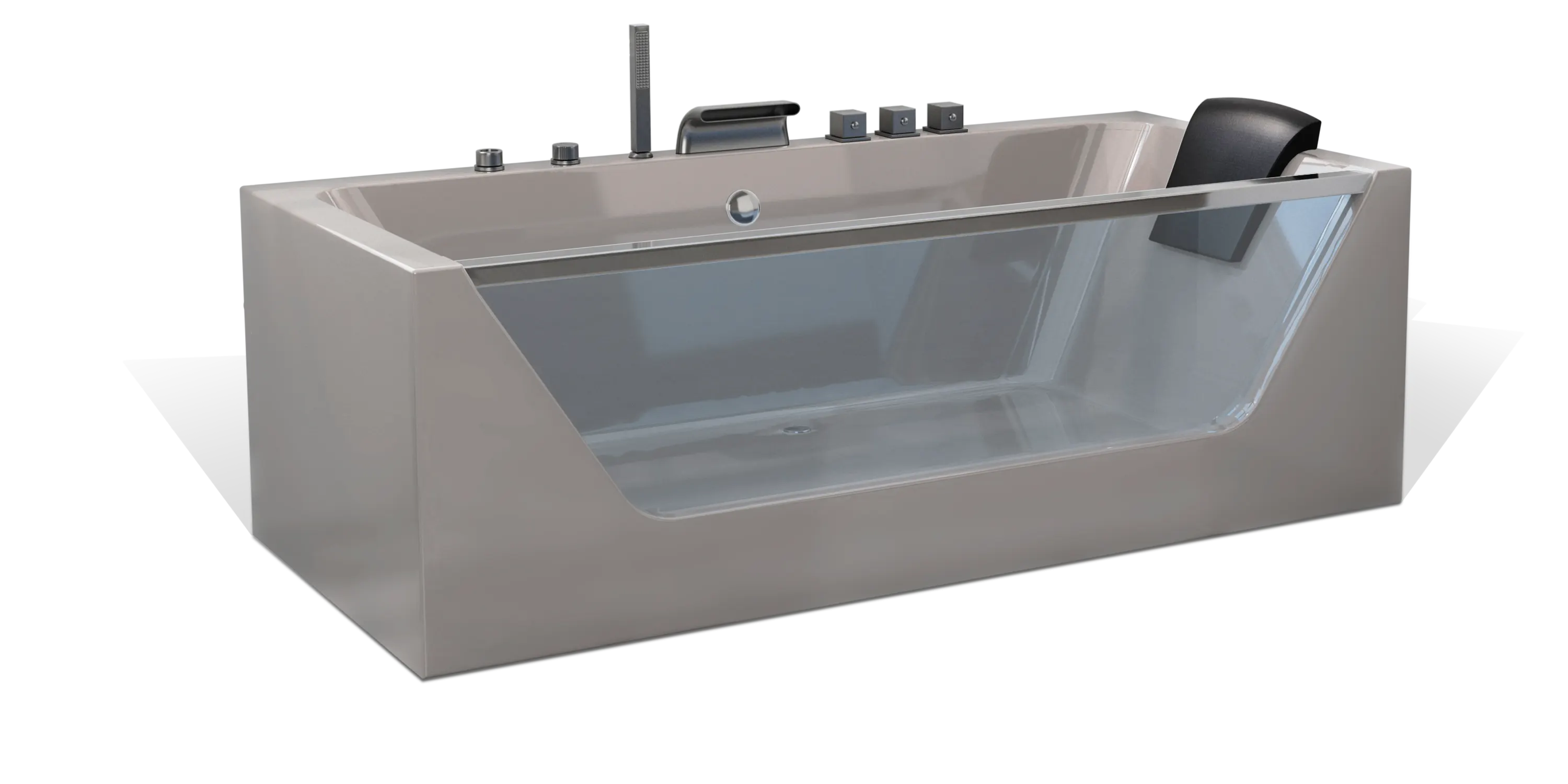 A modern taupe brown rectangular one-sided transparent glass Empava bathtub, multiple brushed nickel faucets, a shower head on the side and a black removable headrest. The bathtub has a sleek, minimalist design with clean lines and a glossy finish.