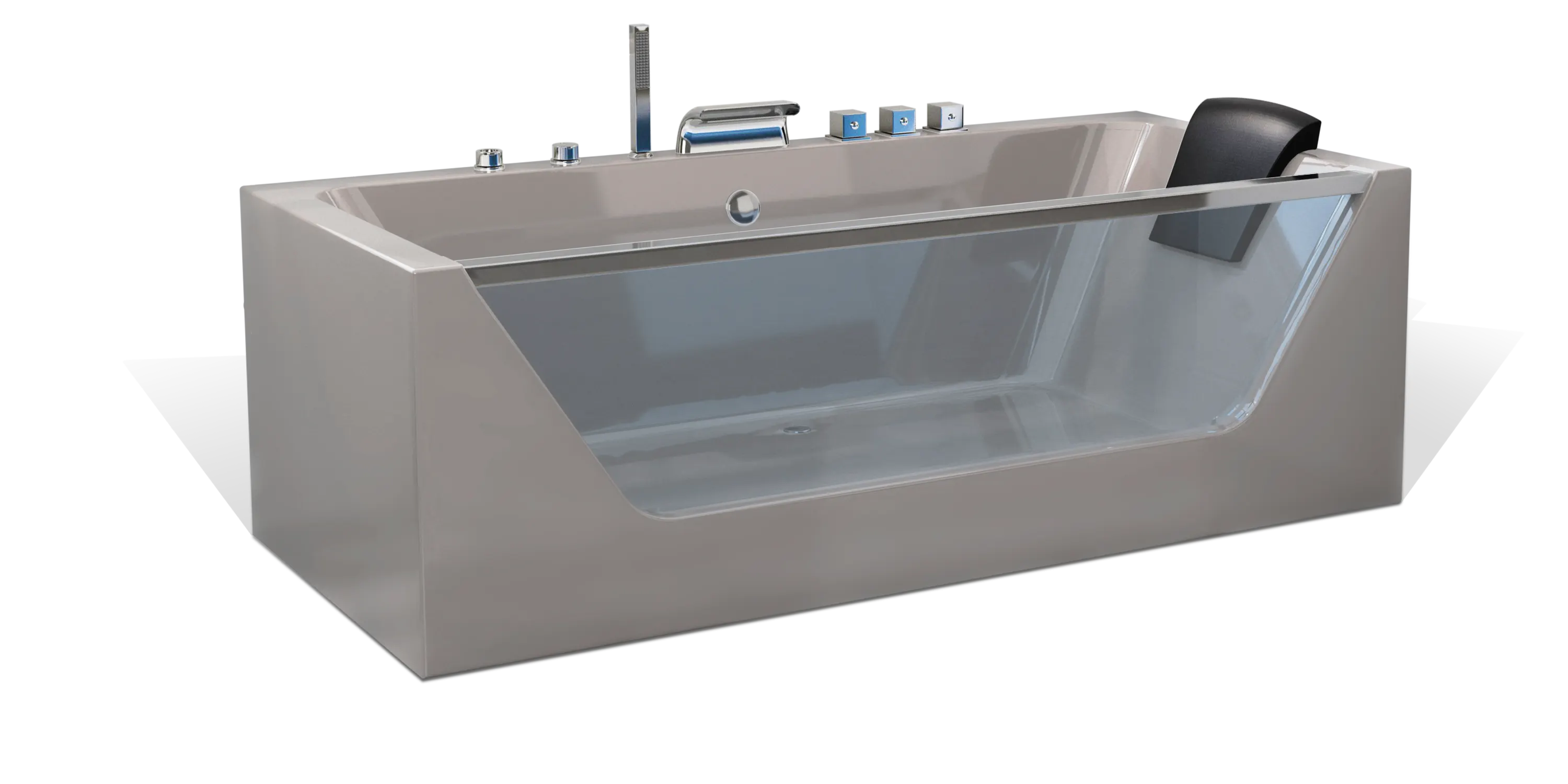 A modern taupe brown rectangular one-sided transparent glass Empava bathtub, multiple chrome faucets, a shower head on the side and a black removable headrest. The bathtub has a sleek, minimalist design with clean lines and a glossy finish.