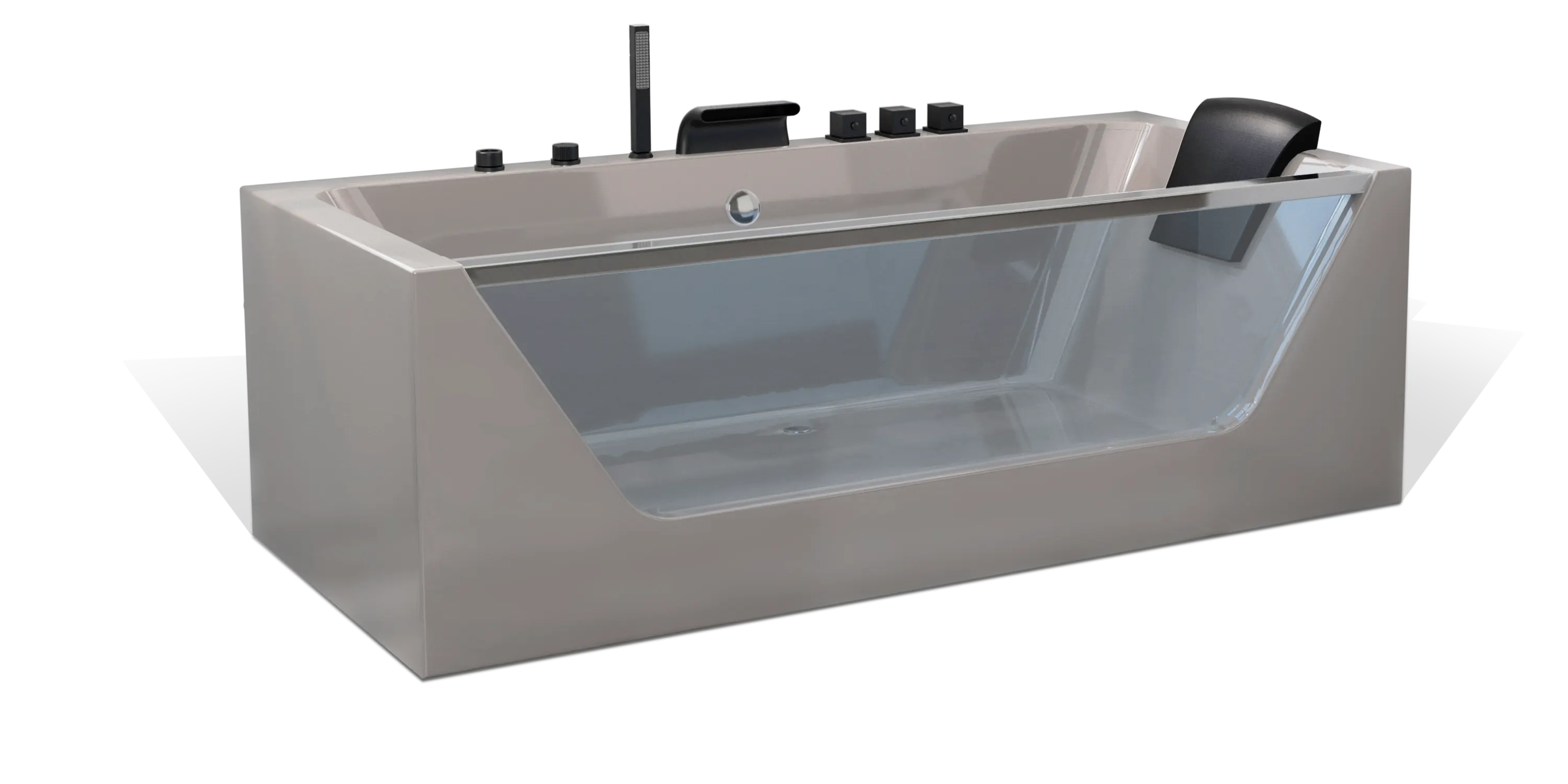 A modern taupe brown rectangular one-sided transparent glass Empava bathtub, multiple matte black faucets, a shower head on the side and a white removable headrest. The bathtub has a sleek, minimalist design with clean lines and a glossy finish.