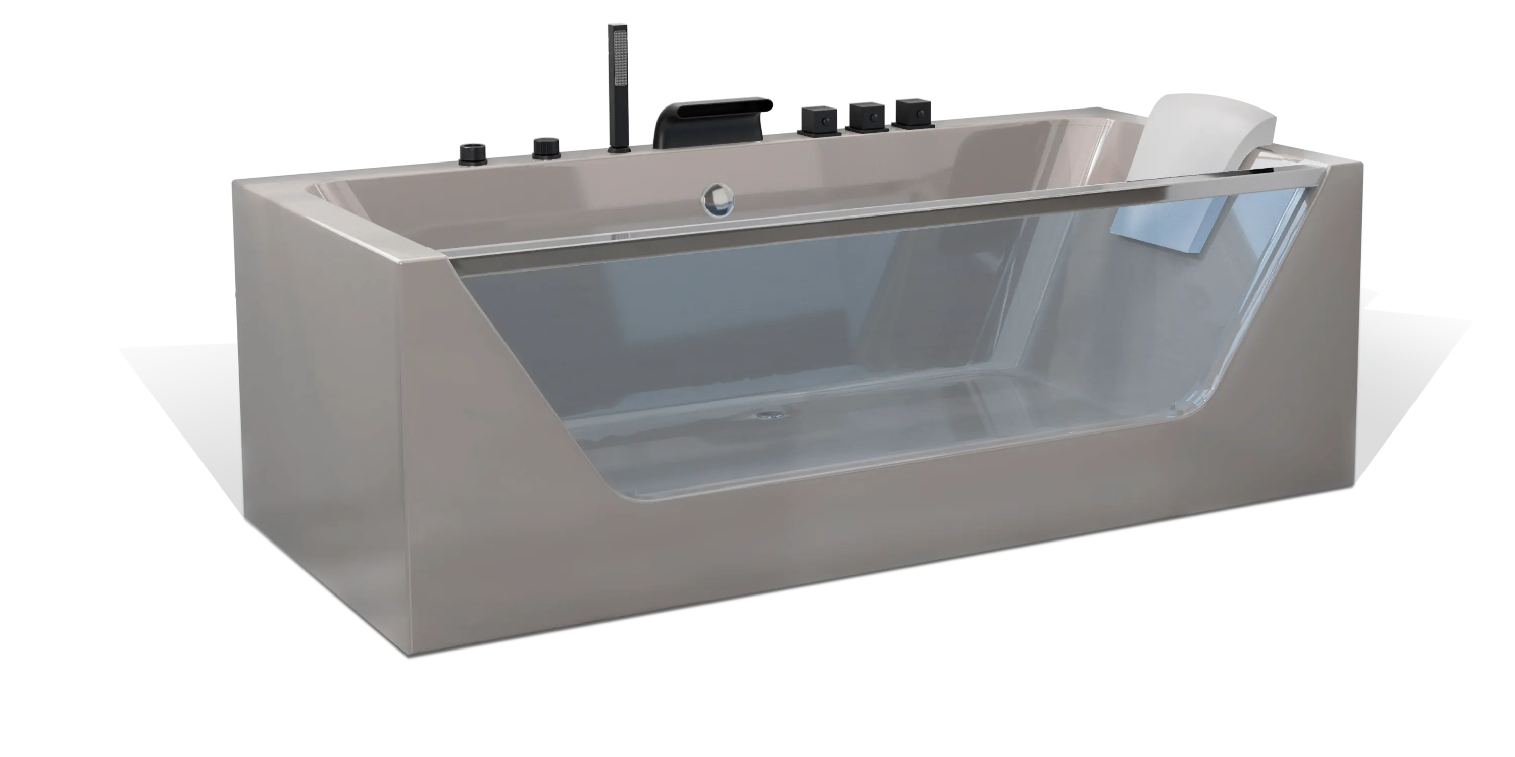 A modern taupe brown rectangular one-sided transparent glass Empava bathtub, multiple matte black faucets, a shower head on the side and a black removable headrest. The bathtub has a sleek, minimalist design with clean lines and a glossy finish.