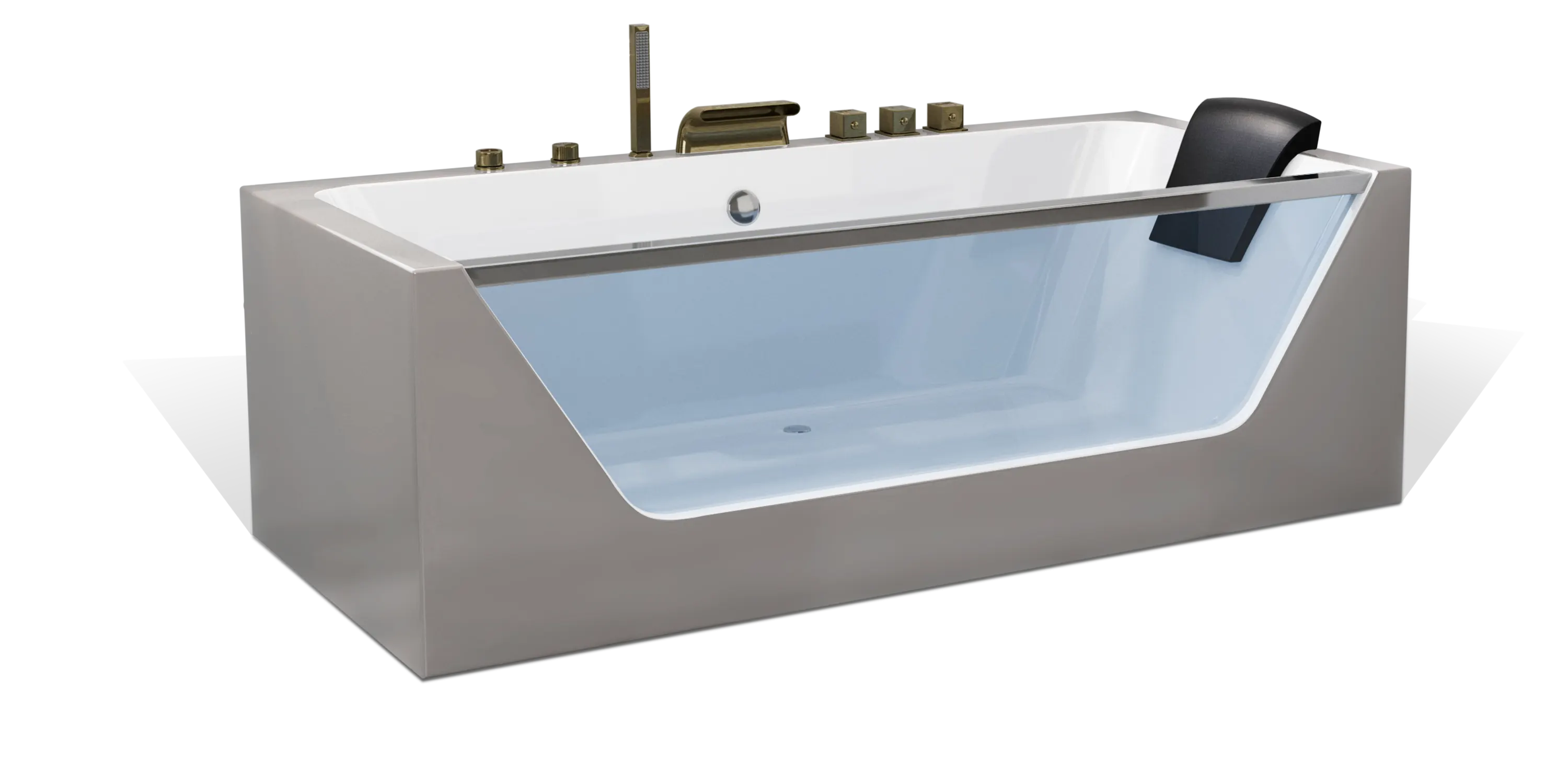A modern taupe brown rectangular one-sided transparent glass Empava bathtub with white interior, multiple bronze faucets, a shower head on the side and a black removable headrest. The bathtub has a sleek, minimalist design with clean lines and a glossy finish.