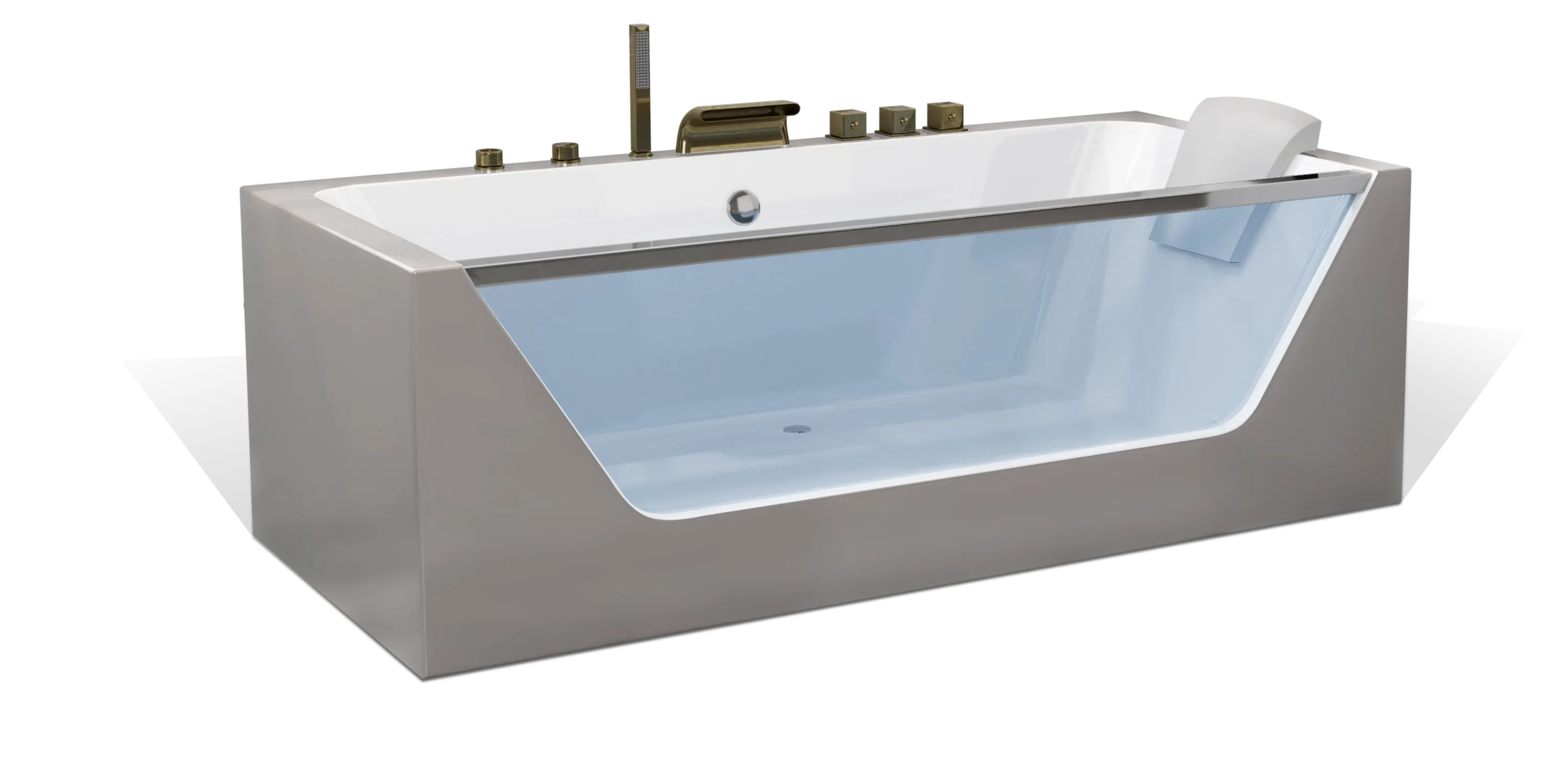 A modern taupe brown rectangular one-sided transparent glass Empava bathtub with white interior, multiple bronze faucets, a shower head on the side and a white removable headrest. The bathtub has a sleek, minimalist design with clean lines and a glossy finish.