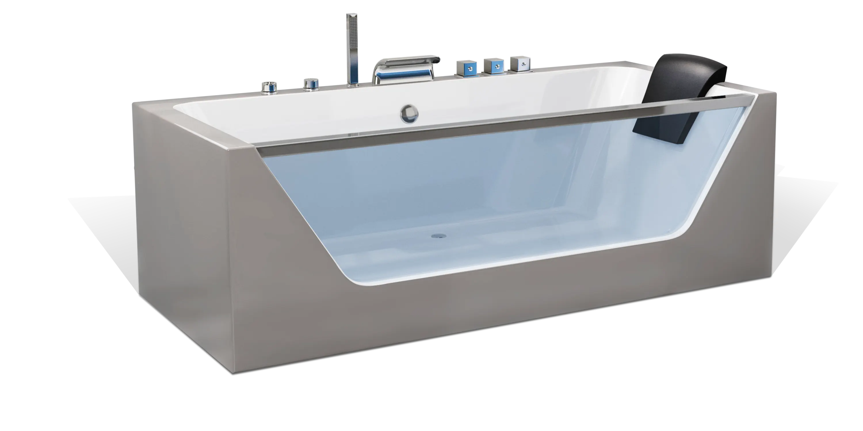 A modern taupe brown rectangular one-sided transparent glass Empava bathtub with white interior, multiple chrome faucets, a shower head on the side and a black removable headrest. The bathtub has a sleek, minimalist design with clean lines and a glossy finish.