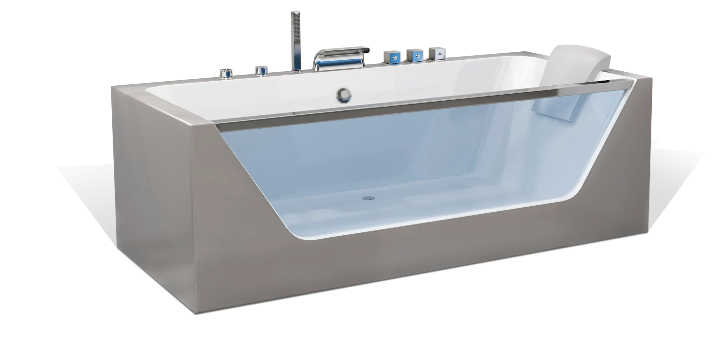 A modern taupe brown rectangular one-sided transparent glass Empava bathtub with white interior, multiple chrome faucets, a shower head on the side and a white removable headrest. The bathtub has a sleek, minimalist design with clean lines and a glossy finish.