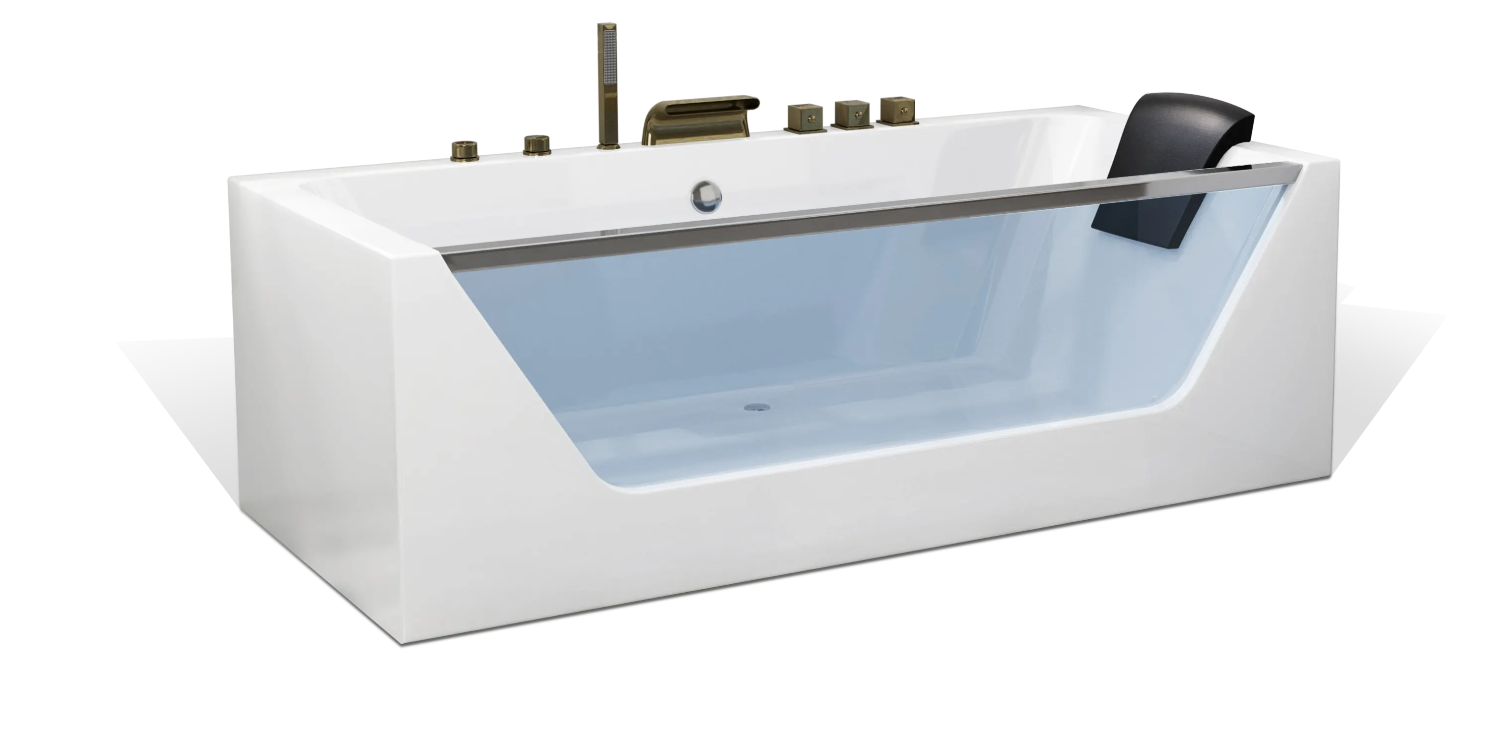The Empava modern, white bathtub features a transparent side panel, black headrest, and bronze-colored fixtures for the faucet and knobs. This minimalist design piece appears to be gracefully sitting on a tiled surface.
