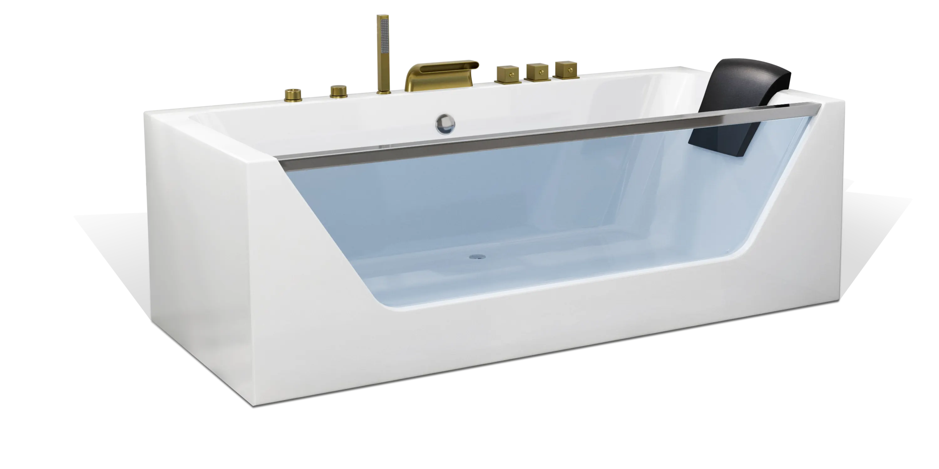 An Empava modern white bathtub with a transparent glass panel on one side, black headrest, and brass fixtures. The tub features sleek edges and minimalistic design, perfect for contemporary bathroom interiors.