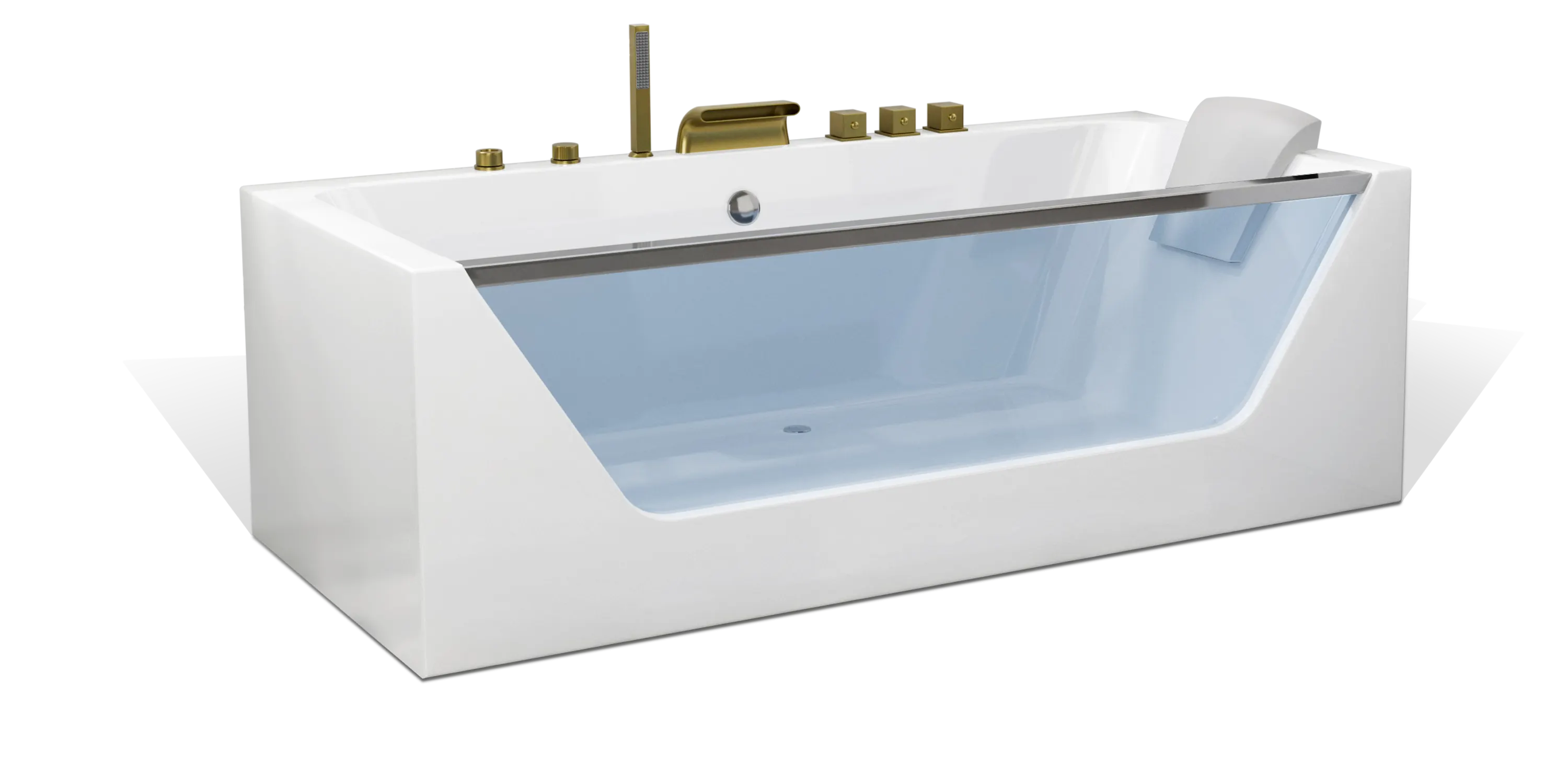 The Empava modern white bathtub with a transparent side panel is shown. It features sleek, gold fixtures including a faucet, knobs, and a handheld shower head. The tub has a slightly inclined backrest for comfort. The surrounding area hints at a spacious, minimalist bathroom.