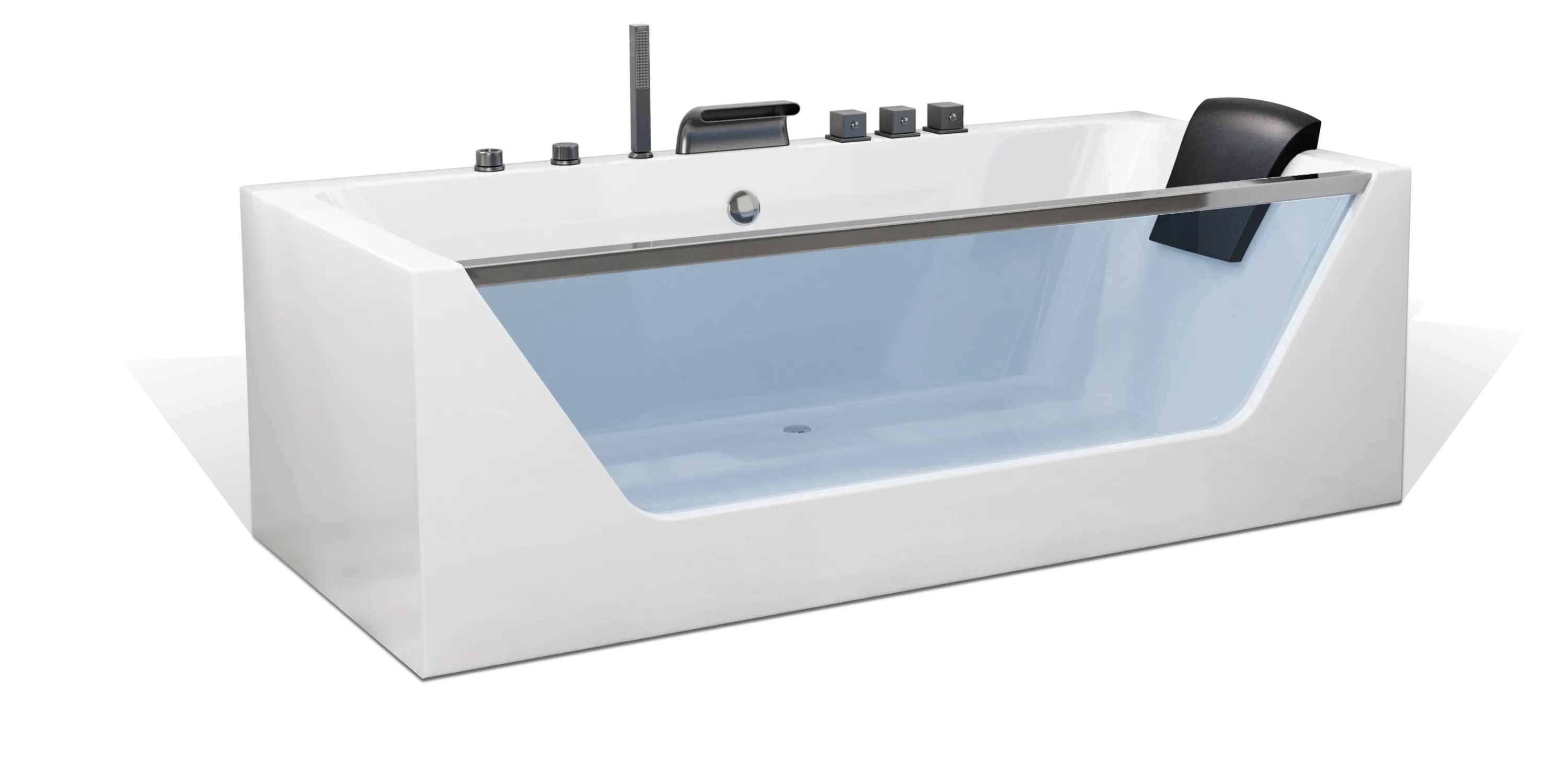 A modern white Empava bathtub with an open front panel revealing a transparent glass side. The bathtub features a comfortable black headrest, various control knobs, and a mounted hand-held showerhead. It stands on a white-tiled surface.