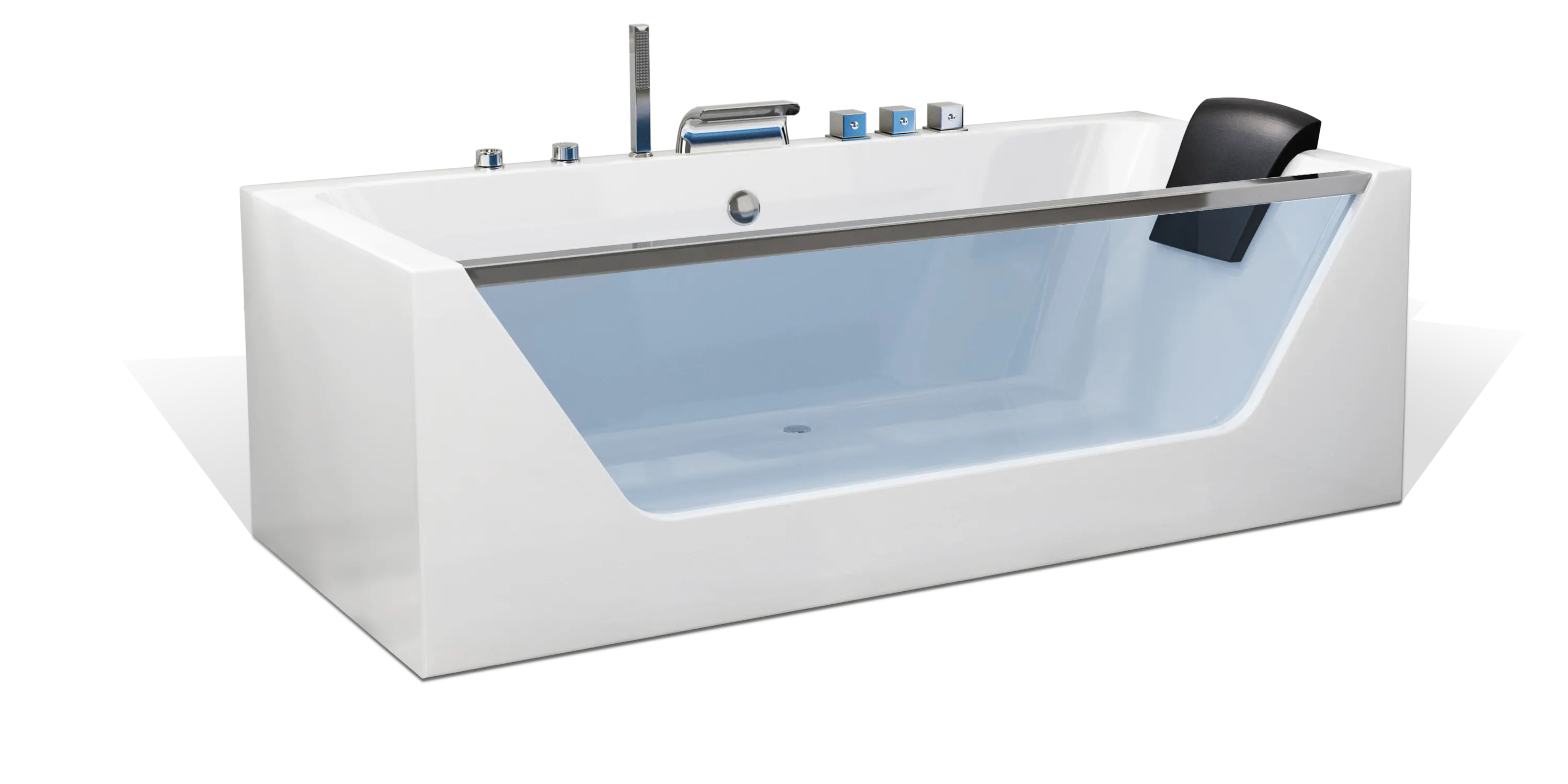 A modern white Empava bathtub with a unique side cutout revealing a light blue interior. It features a sleek set of chrome controls and a waterfall faucet at one end. The bathtub also has a black cushioned headrest for added comfort.