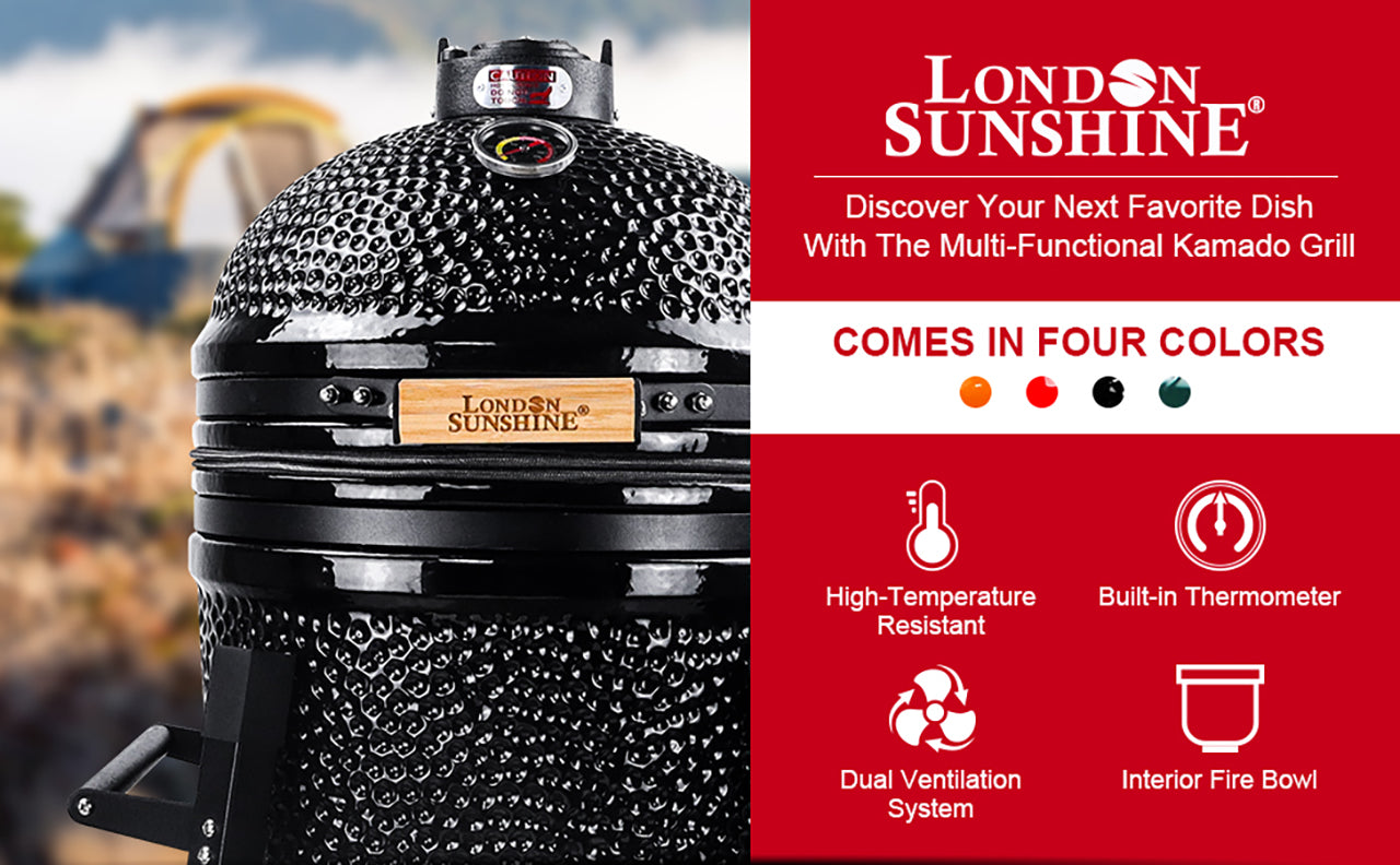 London Sunshine  15英寸陶瓷烧烤炉户外BBQ庭院桌面木炭烟熏炉 黑色*1