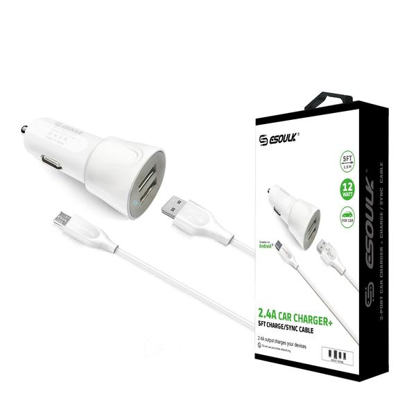 Esoulk 12W 2.4A Dual USB Travel Car Charger With 5FT Micro USB Charging Cable