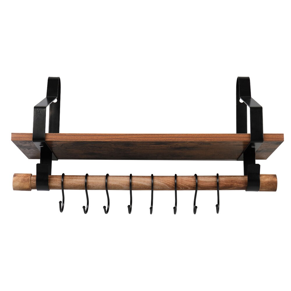 Floating Wall Shelf Rustic Wood Kitchen Spice Rack Vintage with Towel Bar & 8 Removable Hooks for Organize Cooking Utensils Mugs