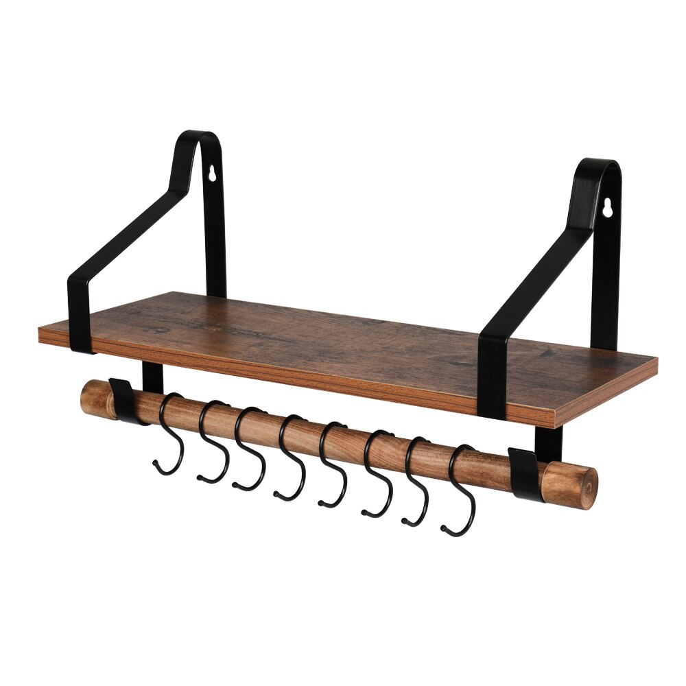 Floating Wall Shelf Rustic Wood Kitchen Spice Rack Vintage with Towel Bar & 8 Removable Hooks for Organize Cooking Utensils Mugs