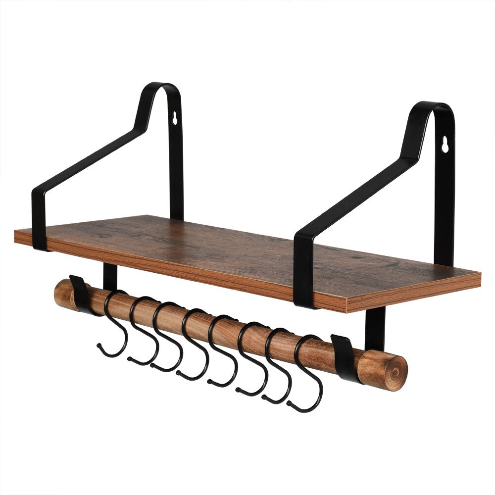 Floating Wall Shelf Rustic Wood Kitchen Spice Rack Vintage with Towel Bar & 8 Removable Hooks for Organize Cooking Utensils Mugs