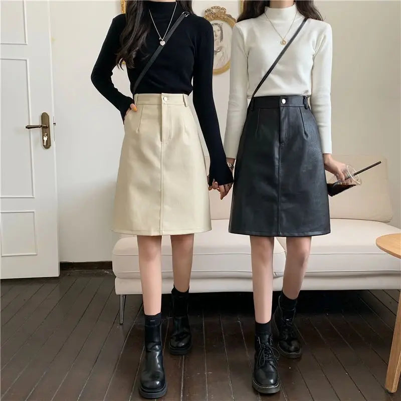 PU Skirts Women Harajuku Hipster Friends Korean Version Solid New Arrival Elegant Empire Minimalist Tender A-line Design Autumn
