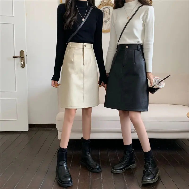 PU Skirts Women Harajuku Hipster Friends Korean Version Solid New Arrival Elegant Empire Minimalist Tender A-line Design Autumn